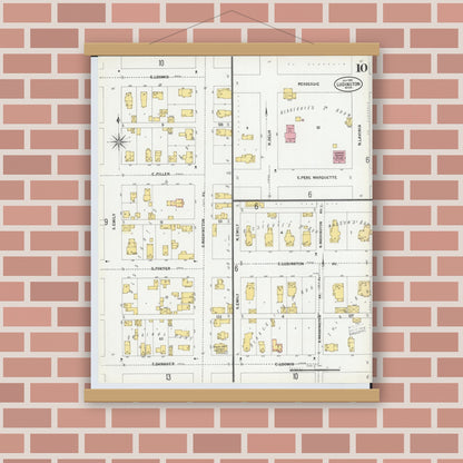 Old map wall art mockup — magnetic wood frame on brick wall — Sanborn Fire Insurance Map from Ludington, Mason County, Michigan (1900), Sheet #0010