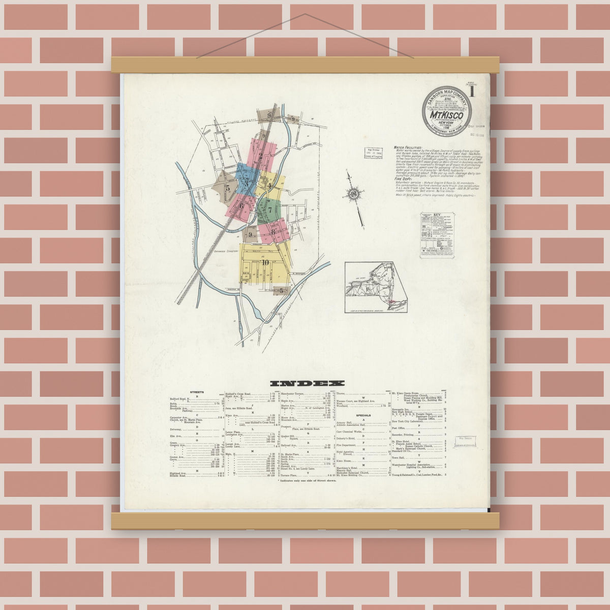 Old map wall art mockup — magnetic wood frame on brick wall — Sanborn Fire Insurance Map from Mount Kisco, Westchester County, New York (1916), Sheet #0001