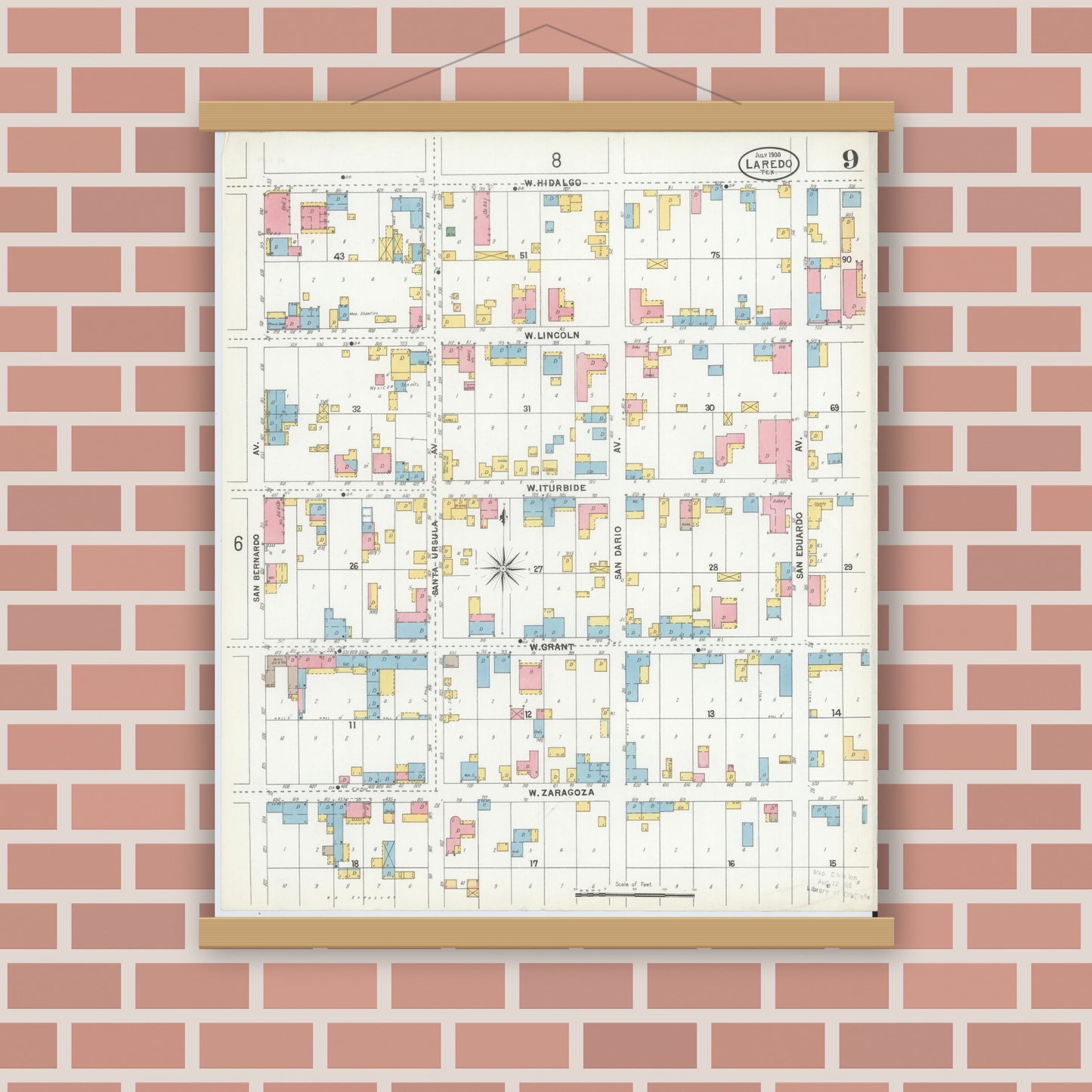 Old map wall art mockup — magnetic wood frame on brick wall — Sanborn Fire Insurance Map from Laredo, Webb County, Texas (1900), Sheet #0009