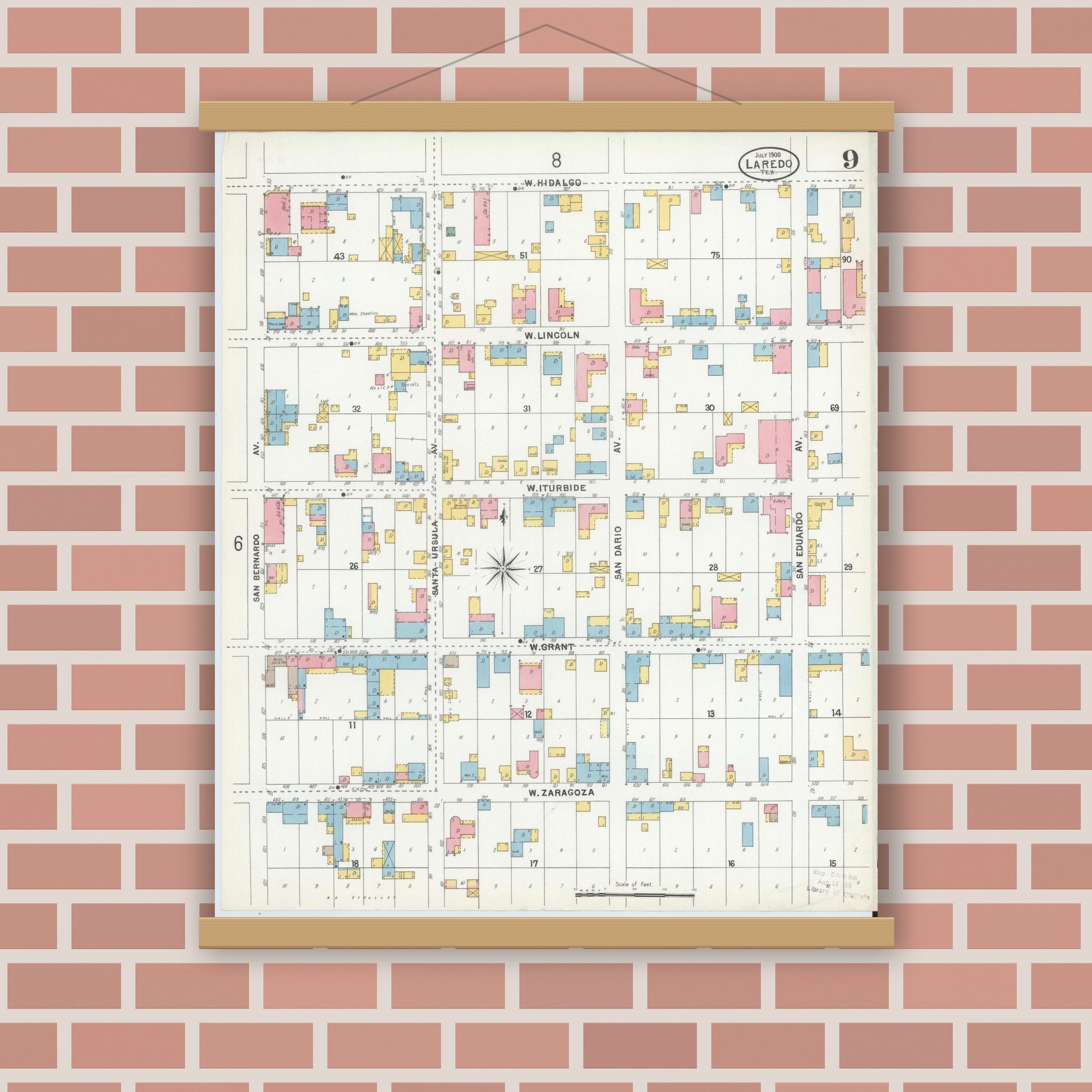 Old map wall art mockup — magnetic wood frame on brick wall — Sanborn Fire Insurance Map from Laredo, Webb County, Texas (1900), Sheet #0009