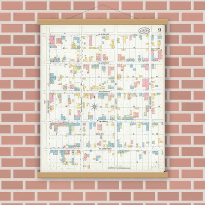 Old map wall art mockup — magnetic wood frame on brick wall — Sanborn Fire Insurance Map from Laredo, Webb County, Texas (1900), Sheet #0009