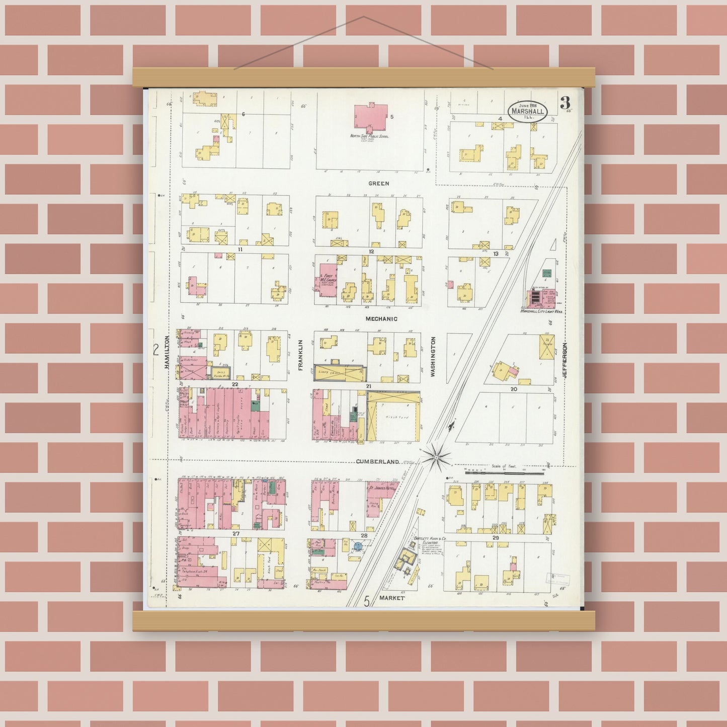 Old map wall art mockup — magnetic wood frame on brick wall — Sanborn Fire Insurance Map from Marshall, Clark County, Illinois (1906), Sheet #0003