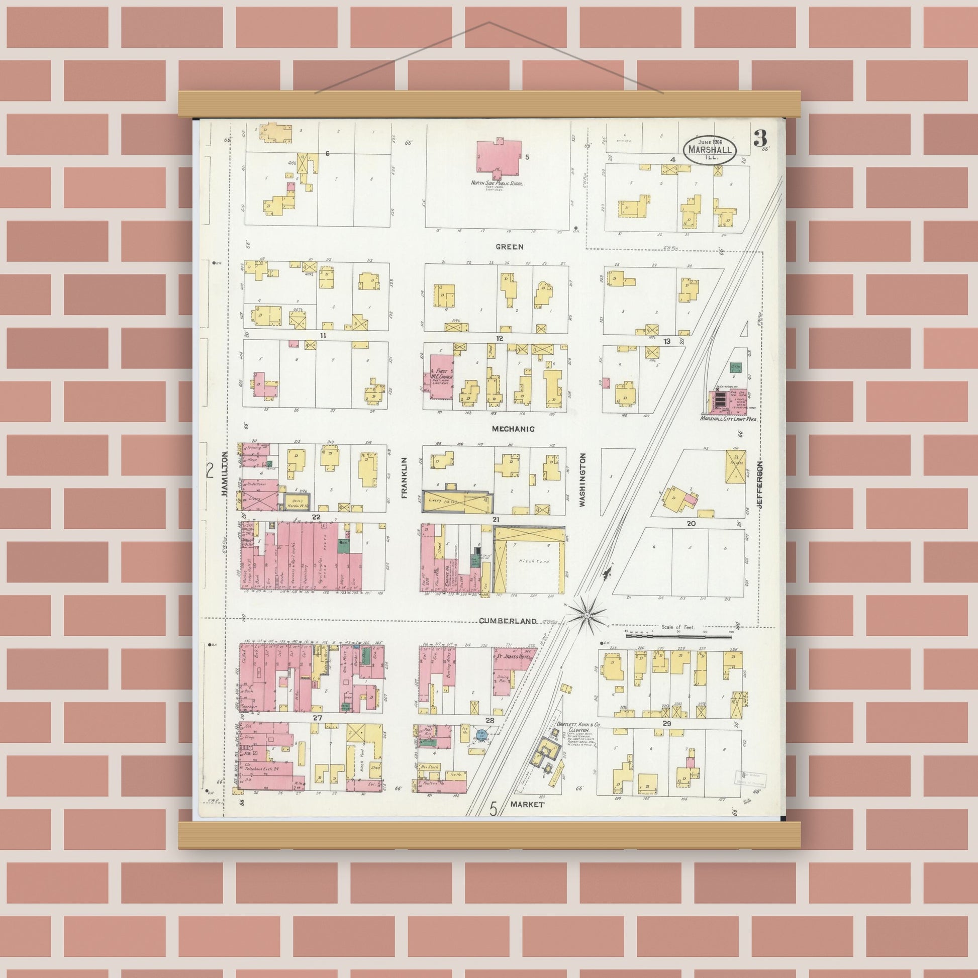 Old map wall art mockup — magnetic wood frame on brick wall — Sanborn Fire Insurance Map from Marshall, Clark County, Illinois (1906), Sheet #0003