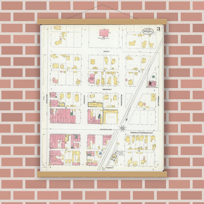 Old map wall art mockup — magnetic wood frame on brick wall — Sanborn Fire Insurance Map from Marshall, Clark County, Illinois (1906), Sheet #0003