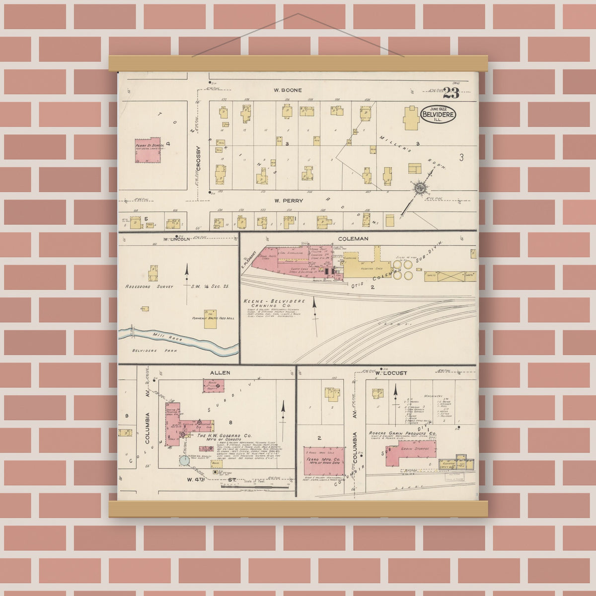 Old map wall art mockup — magnetic wood frame on brick wall — Sanborn Fire Insurance Map from Belvidere, Boone County, Illinois (1922), Sheet #0023