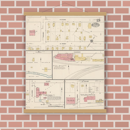 Old map wall art mockup — magnetic wood frame on brick wall — Sanborn Fire Insurance Map from Belvidere, Boone County, Illinois (1922), Sheet #0023