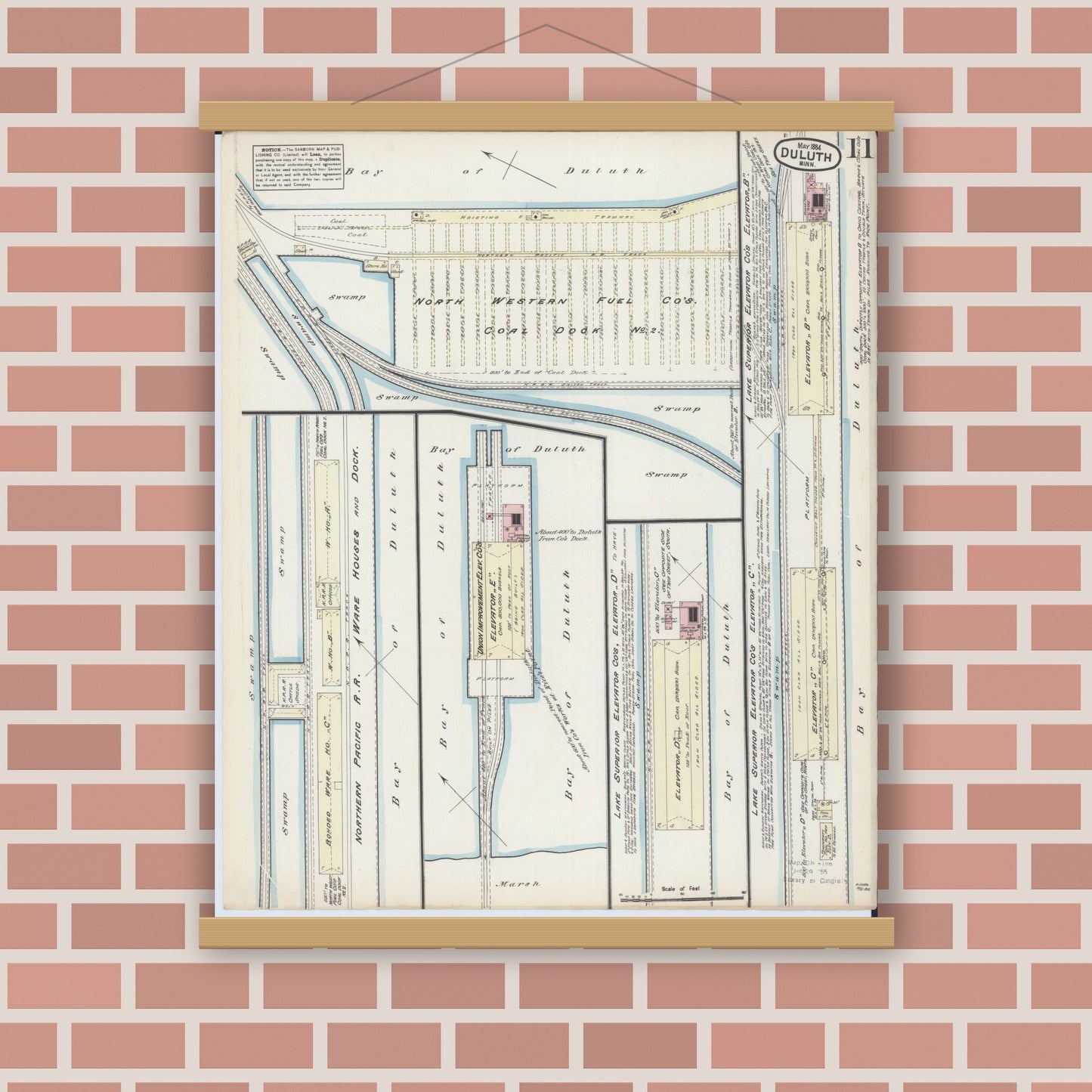 Old map wall art mockup — magnetic wood frame on brick wall — Sanborn Fire Insurance Map from Duluth, Saint Louis County, Minnesota (1884), Sheet #0011