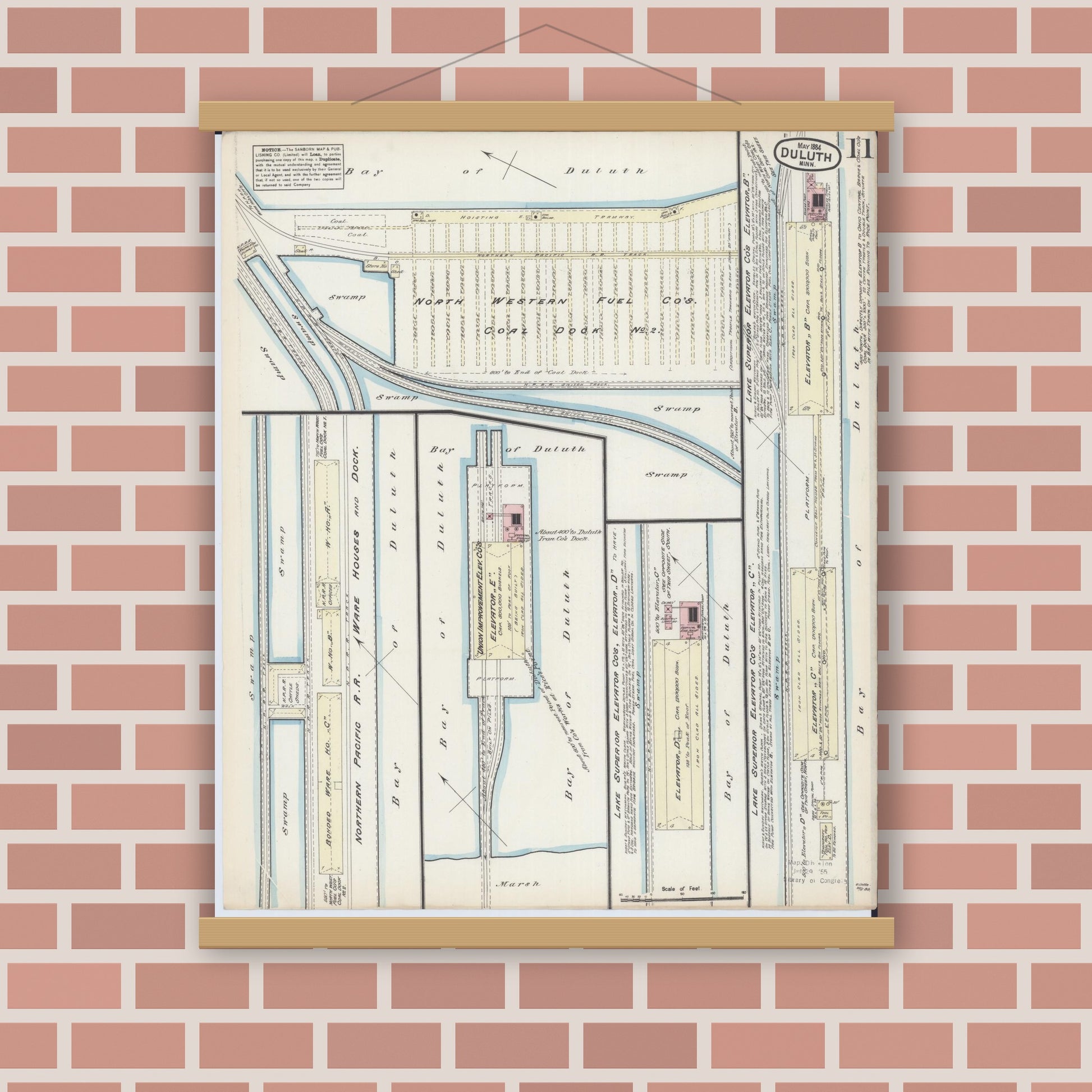 Old map wall art mockup — magnetic wood frame on brick wall — Sanborn Fire Insurance Map from Duluth, Saint Louis County, Minnesota (1884), Sheet #0011