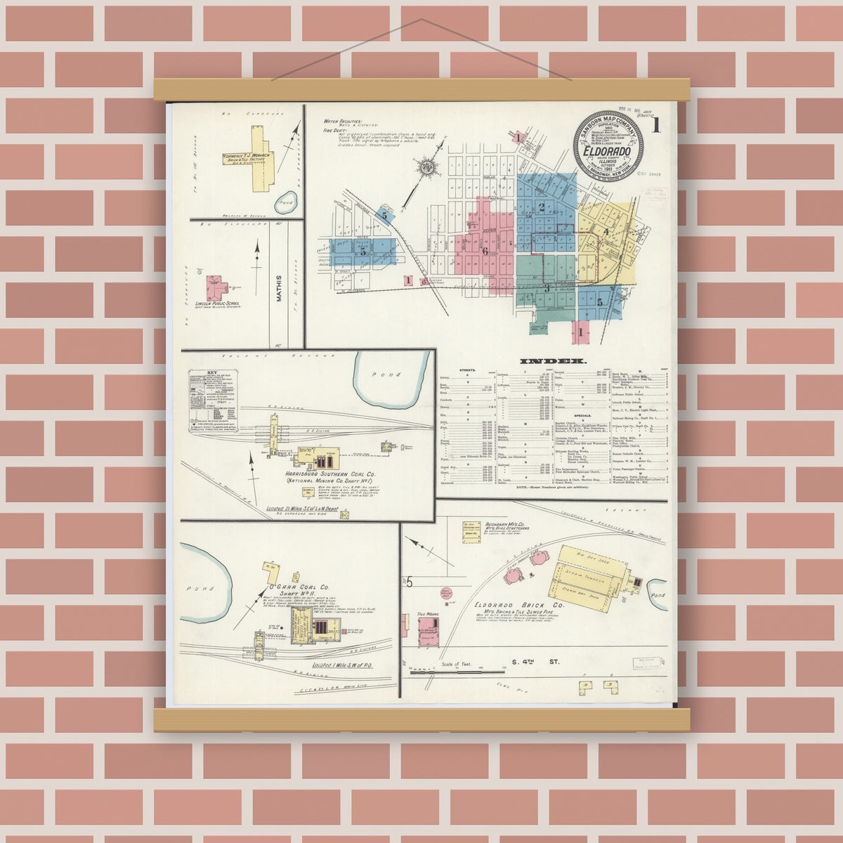 Old map wall art mockup — magnetic wood frame on brick wall — Sanborn Fire Insurance Map from Eldorado, Saline County, Illinois (1911) - Complete Map Set
