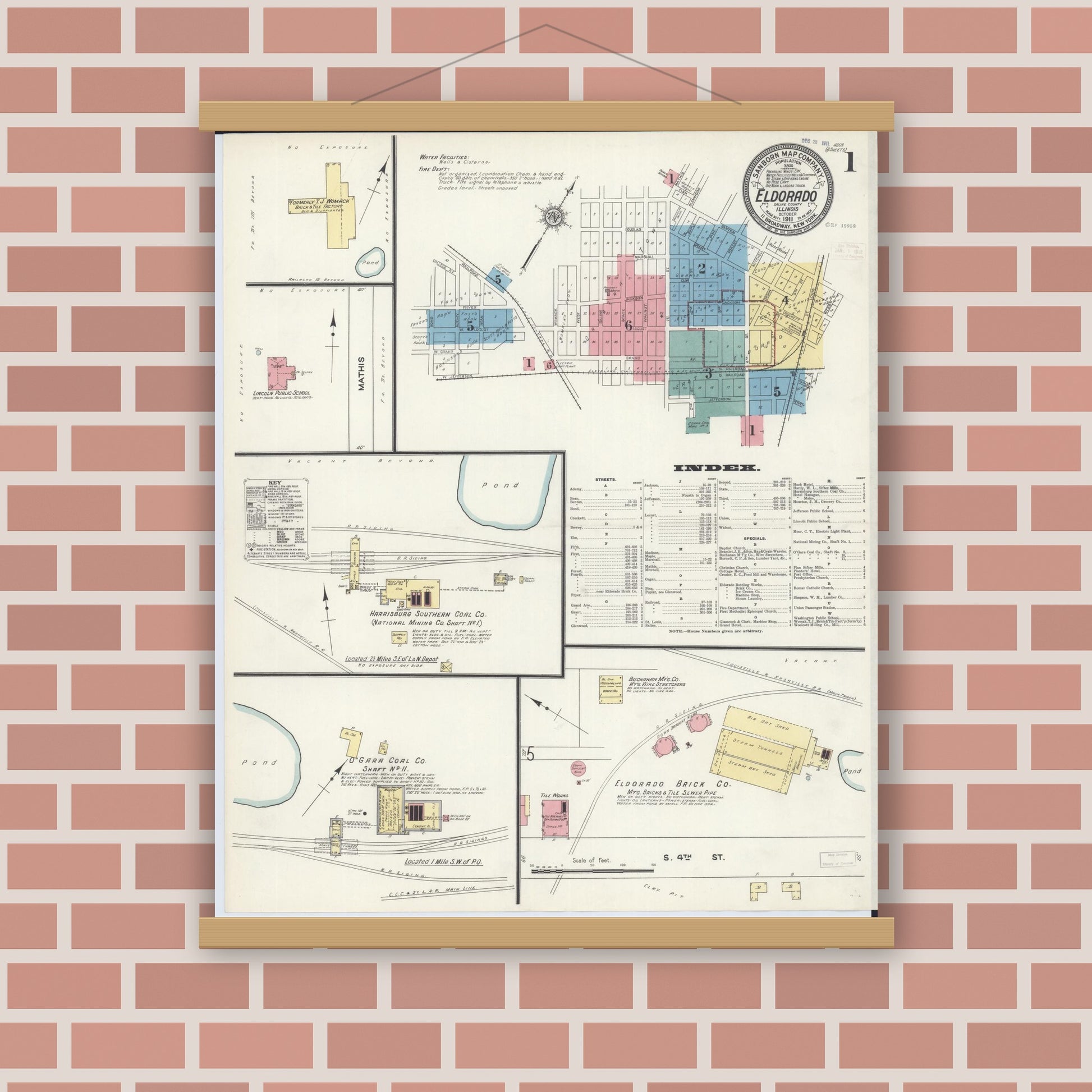 Old map wall art mockup — magnetic wood frame on brick wall — Sanborn Fire Insurance Map from Eldorado, Saline County, Illinois (1911) - Complete Map Set