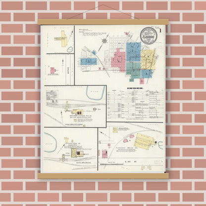 Old map wall art mockup — magnetic wood frame on brick wall — Sanborn Fire Insurance Map from Eldorado, Saline County, Illinois (1911) - Complete Map Set