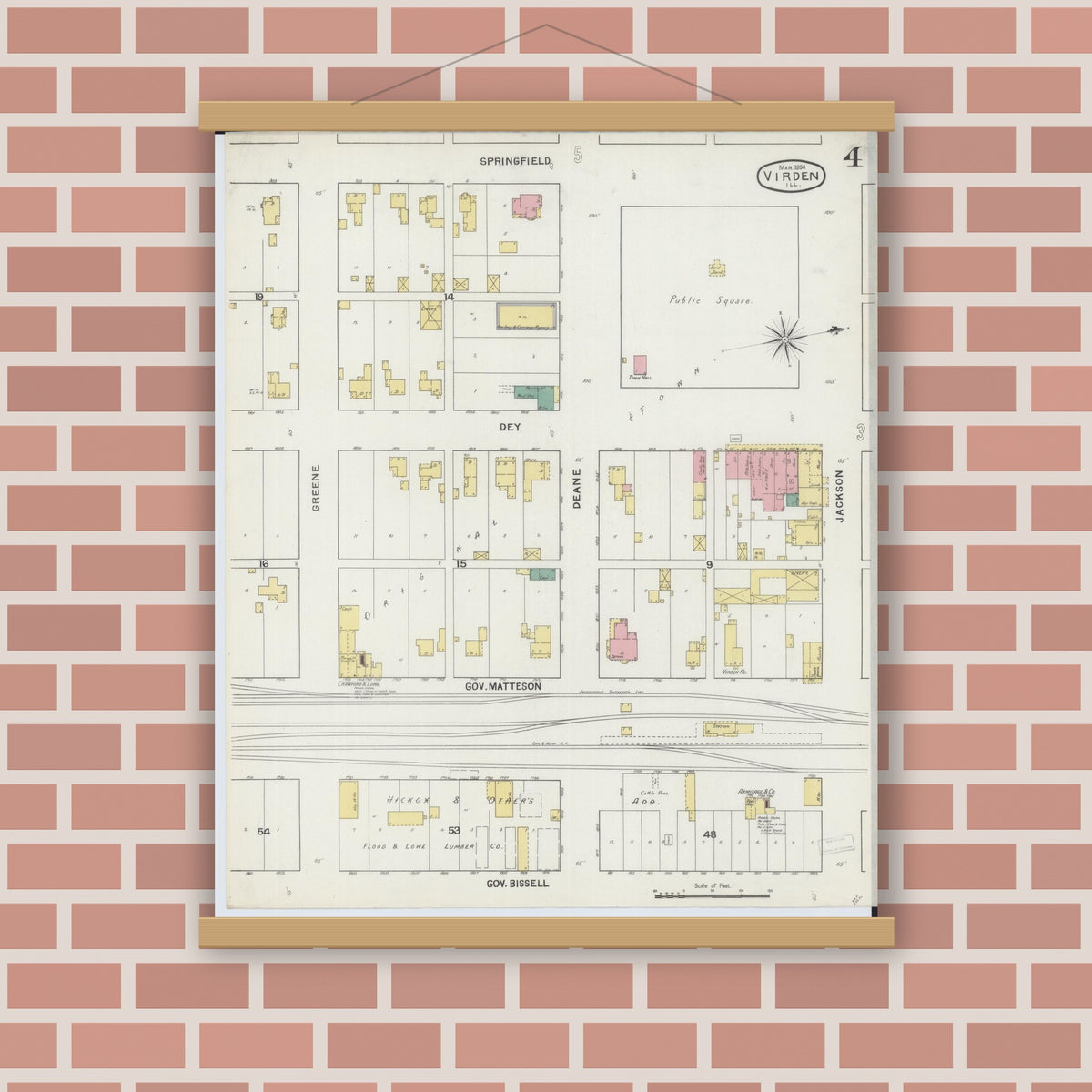 Old map wall art mockup — magnetic wood frame on brick wall — Sanborn Fire Insurance Map from Virden, Macoupin County, Illinois (1894), Sheet #0004