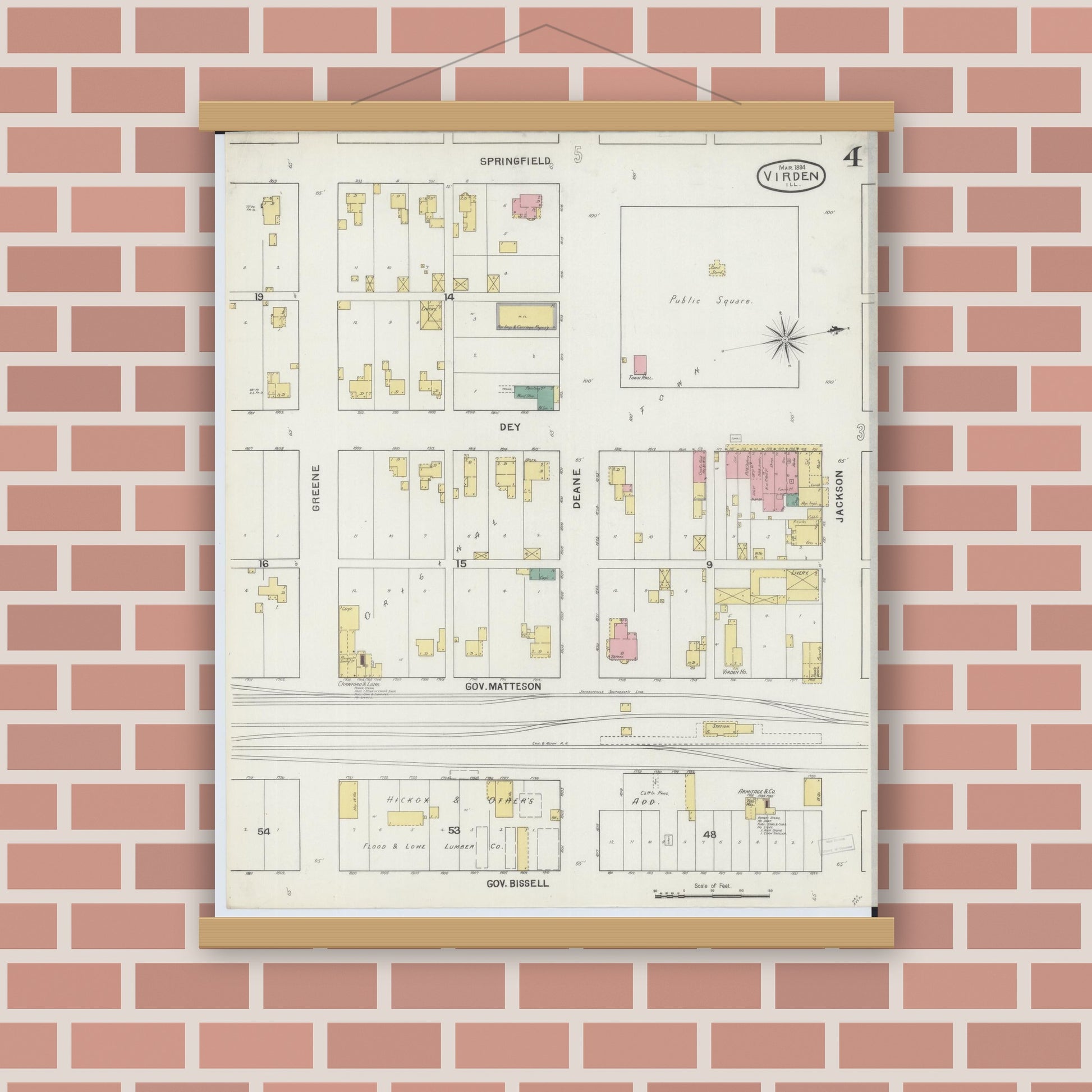 Old map wall art mockup — magnetic wood frame on brick wall — Sanborn Fire Insurance Map from Virden, Macoupin County, Illinois (1894), Sheet #0004