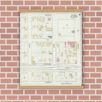Old map wall art mockup — magnetic wood frame on brick wall — Sanborn Fire Insurance Map from Virden, Macoupin County, Illinois (1894), Sheet #0004