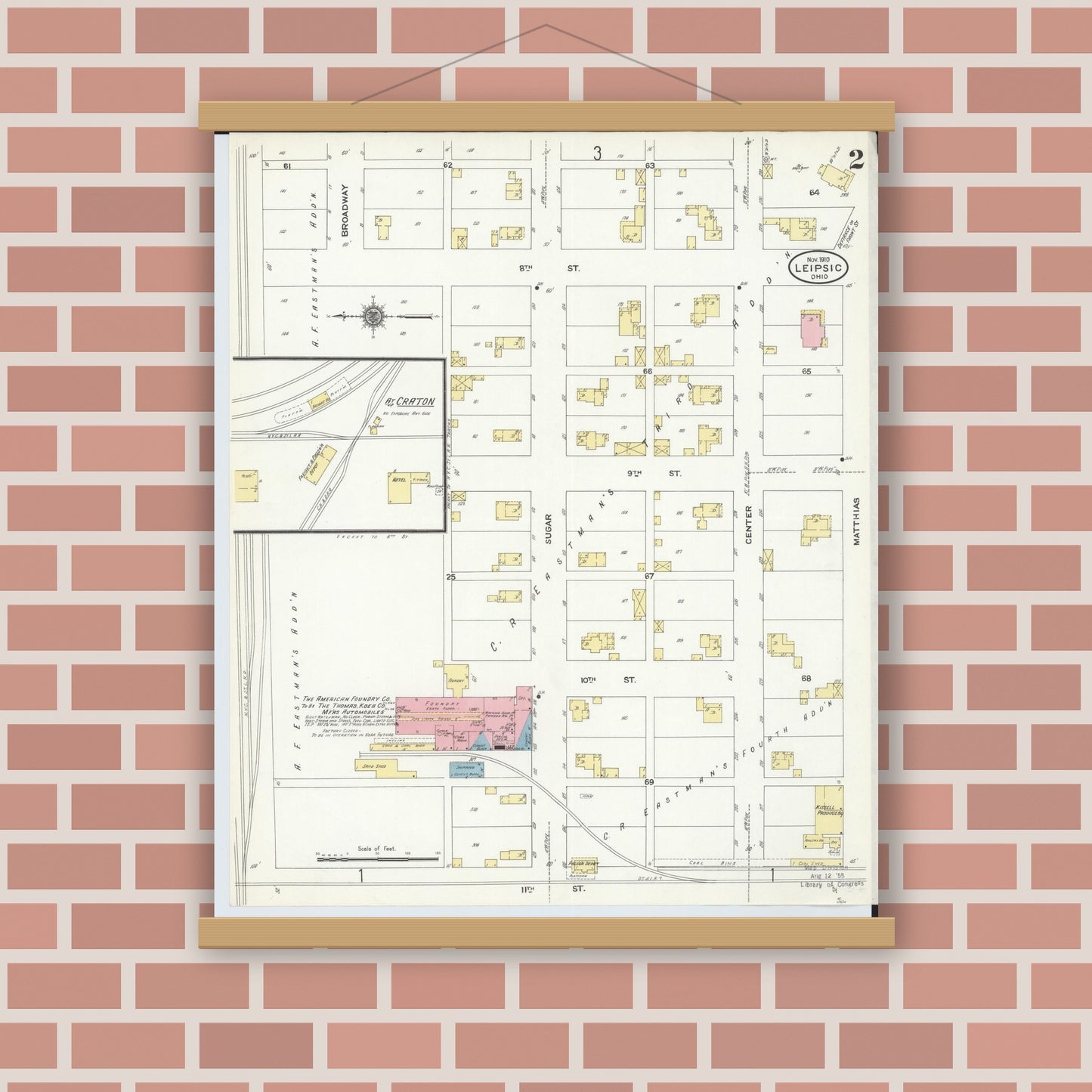 Old map wall art mockup — magnetic wood frame on brick wall — Sanborn Fire Insurance Map from Leipsic, Putnam County, Ohio (1910), Sheet #0002