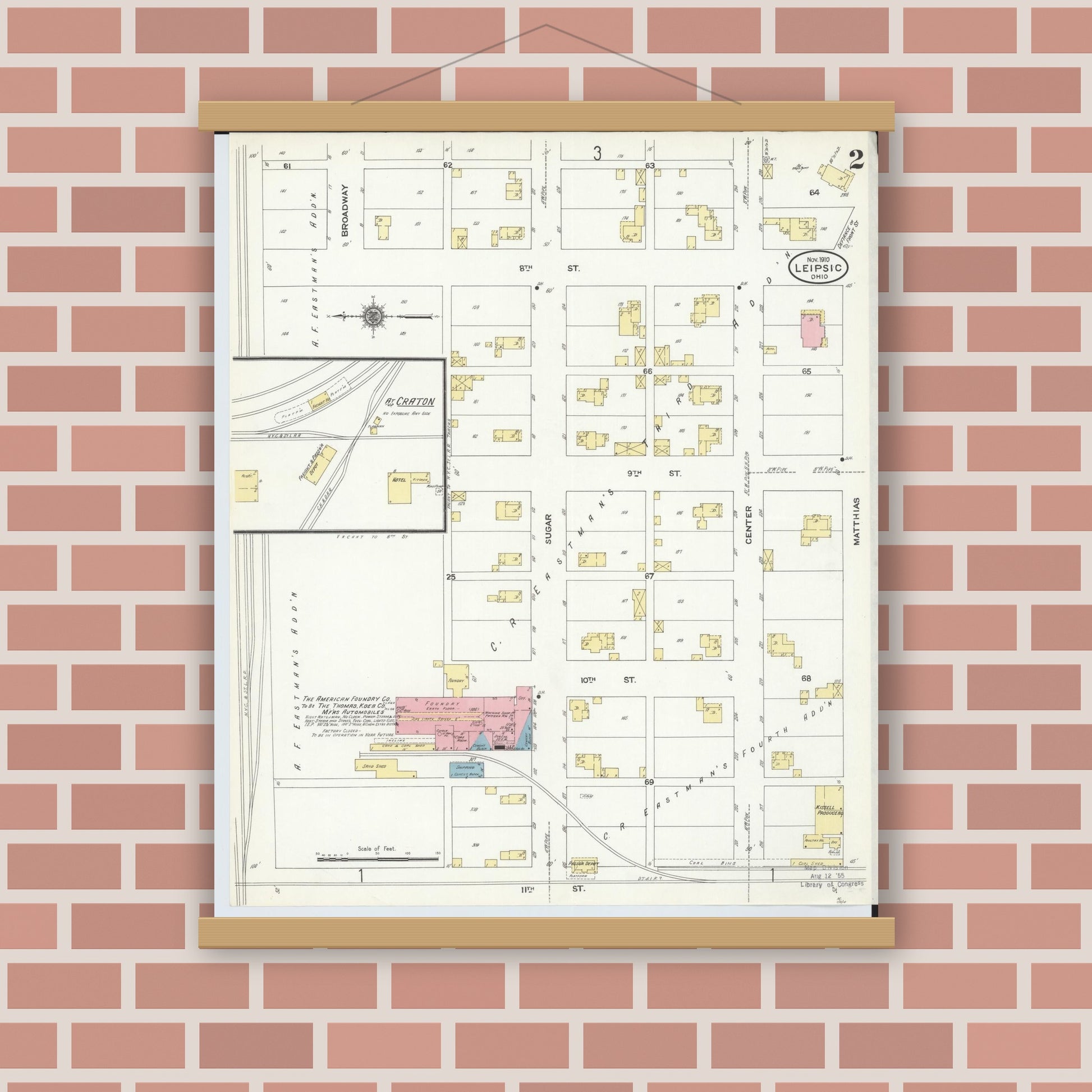 Old map wall art mockup — magnetic wood frame on brick wall — Sanborn Fire Insurance Map from Leipsic, Putnam County, Ohio (1910), Sheet #0002