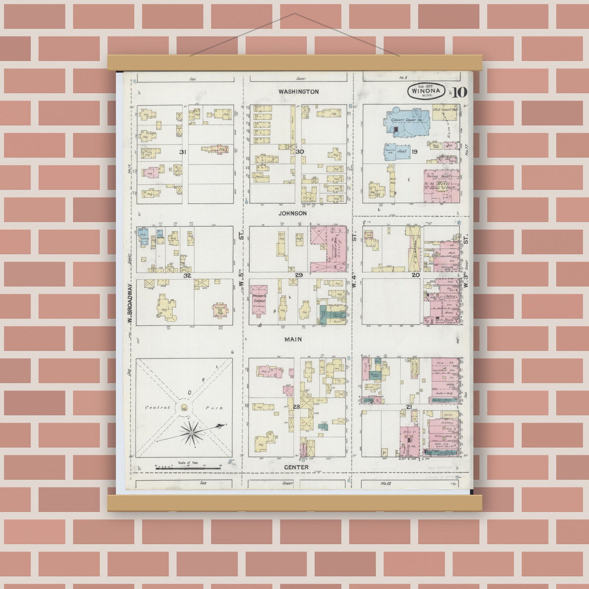 Old map wall art mockup — magnetic wood frame on brick wall — Sanborn Fire Insurance Map from Winona, Winona County, Minnesota (1889), Sheet #0010