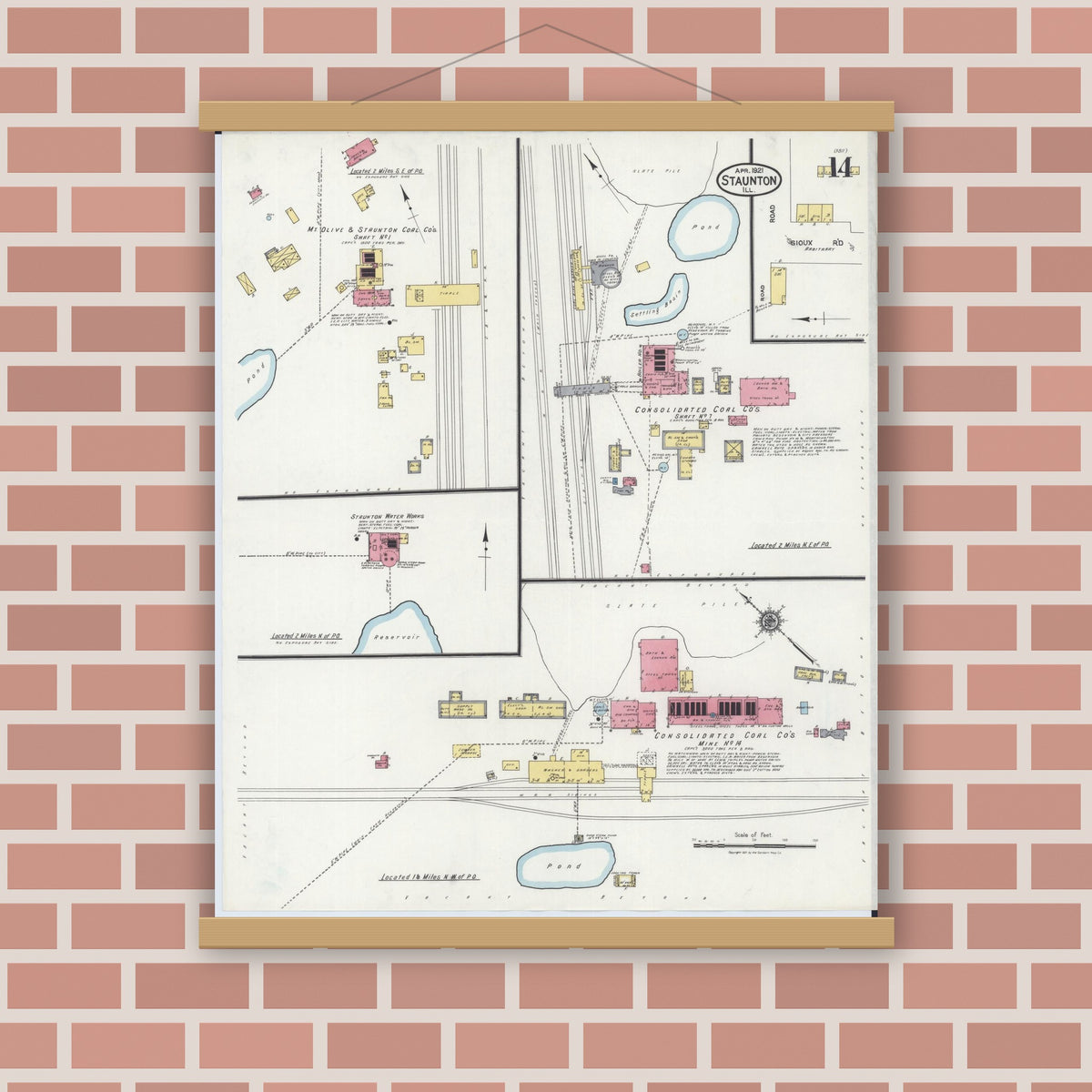 Old map wall art mockup — magnetic wood frame on brick wall — Sanborn Fire Insurance Map from Staunton, Macoupin County, Illinois (1921), Sheet #0014