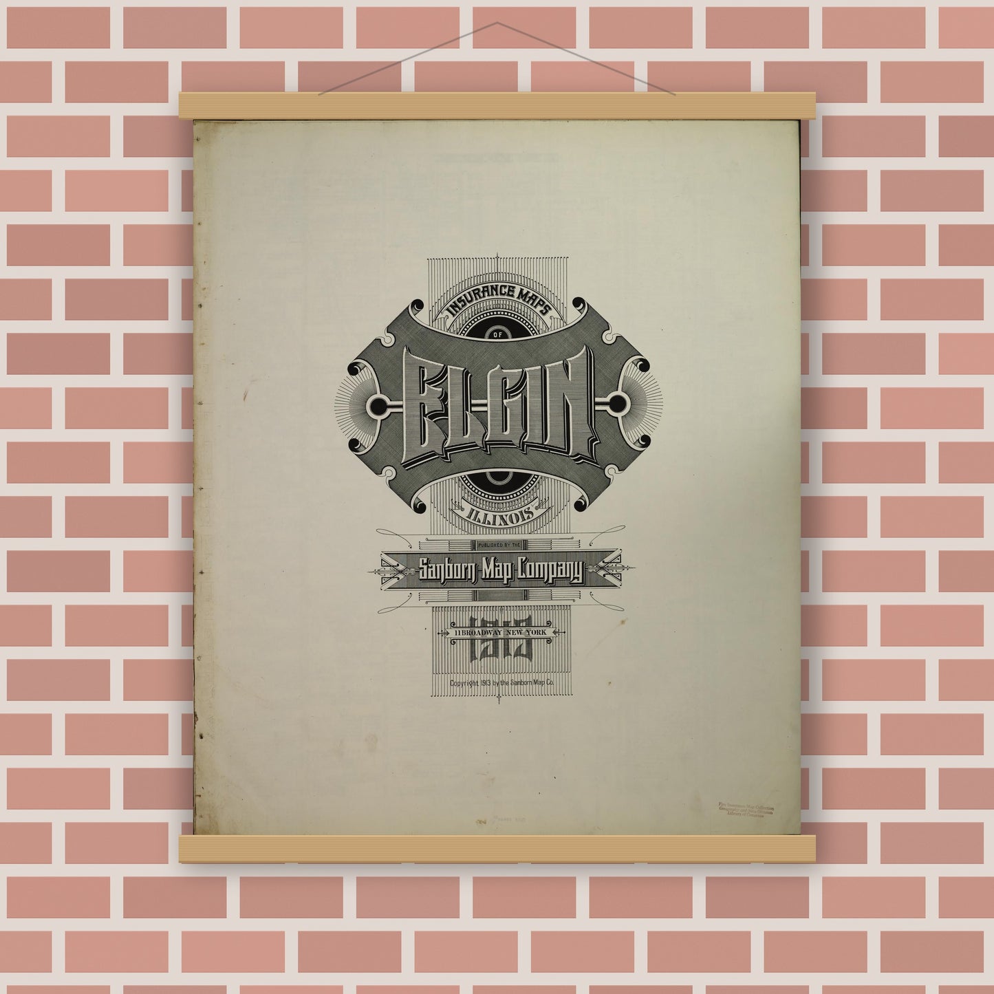 Old map wall art mockup — magnetic wood frame on brick wall — Sanborn Fire Insurance Map from Elgin, Kane County, Illinois (1913), Sheet #0001