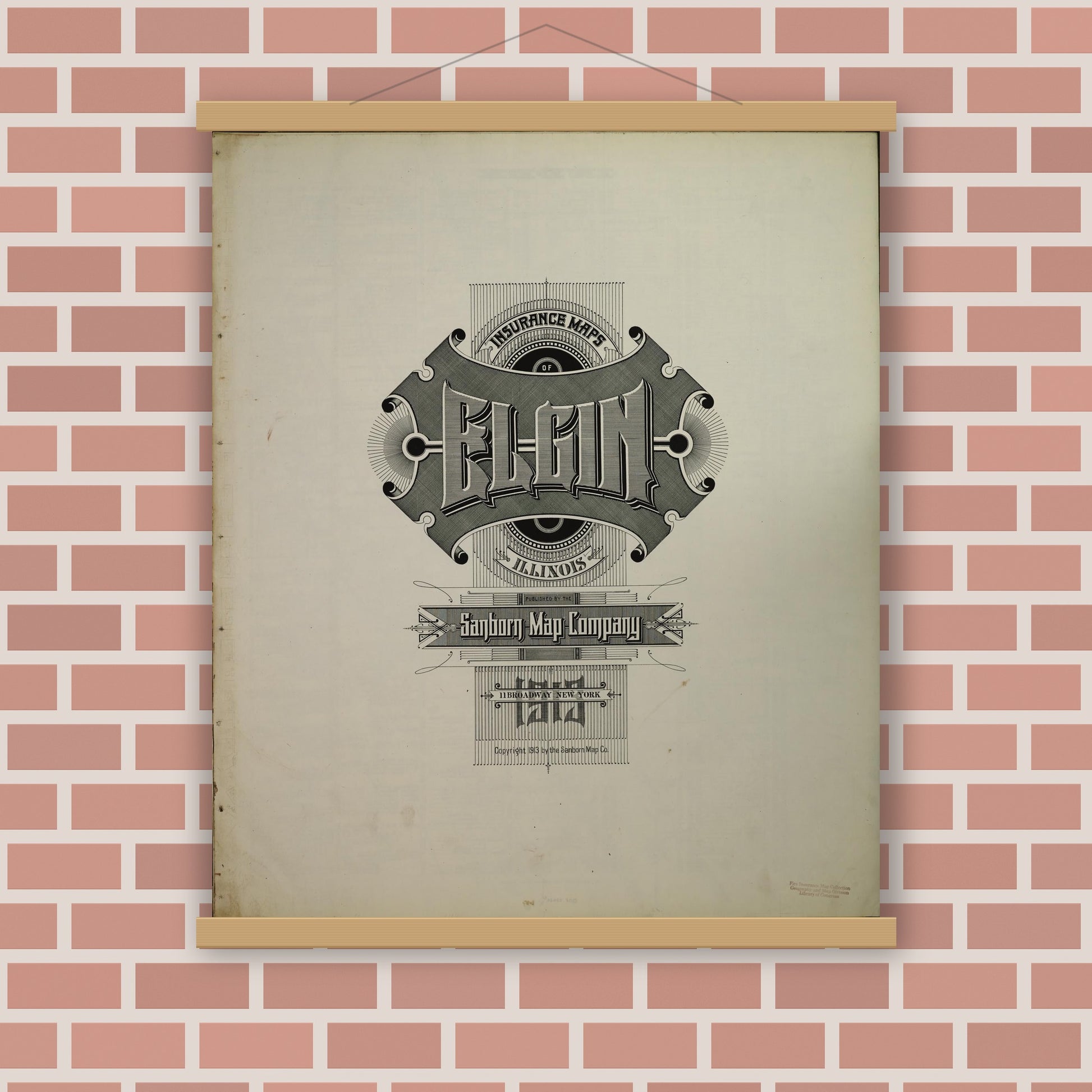 Old map wall art mockup — magnetic wood frame on brick wall — Sanborn Fire Insurance Map from Elgin, Kane County, Illinois (1913), Sheet #0001