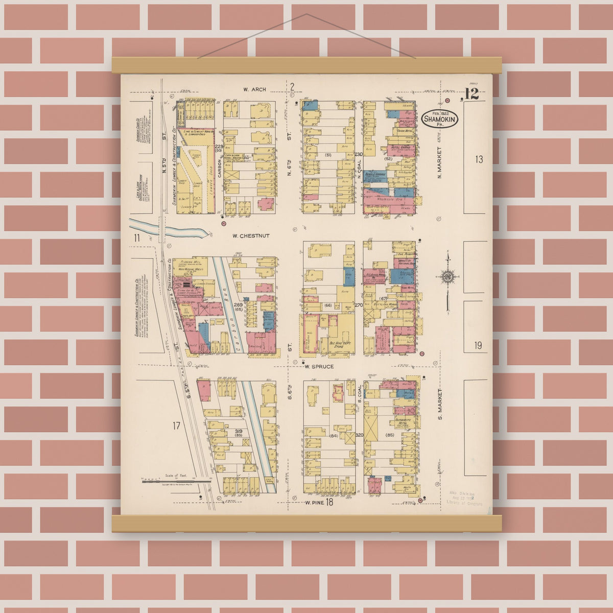 Old map wall art mockup — magnetic wood frame on brick wall — Sanborn Fire Insurance Map from Shamokin, Northumberland County, Pennsylvania (1922), Sheet #0012