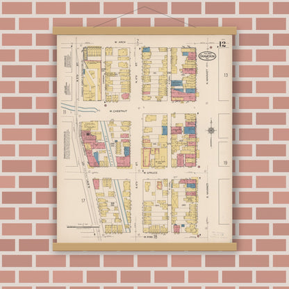 Old map wall art mockup — magnetic wood frame on brick wall — Sanborn Fire Insurance Map from Shamokin, Northumberland County, Pennsylvania (1922), Sheet #0012