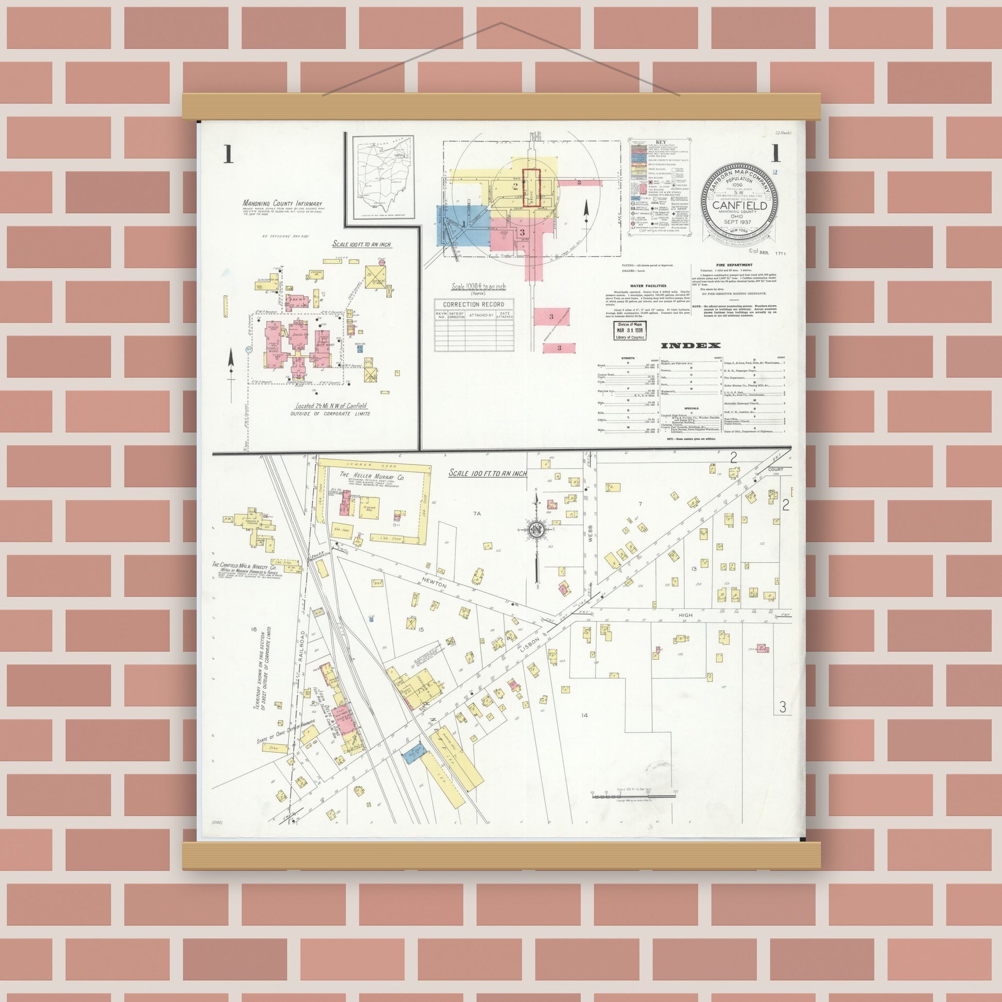 Old map wall art mockup — magnetic wood frame on brick wall — Sanborn Fire Insurance Map from Canfield, Mahoning County, Ohio (1937), Sheet #0001