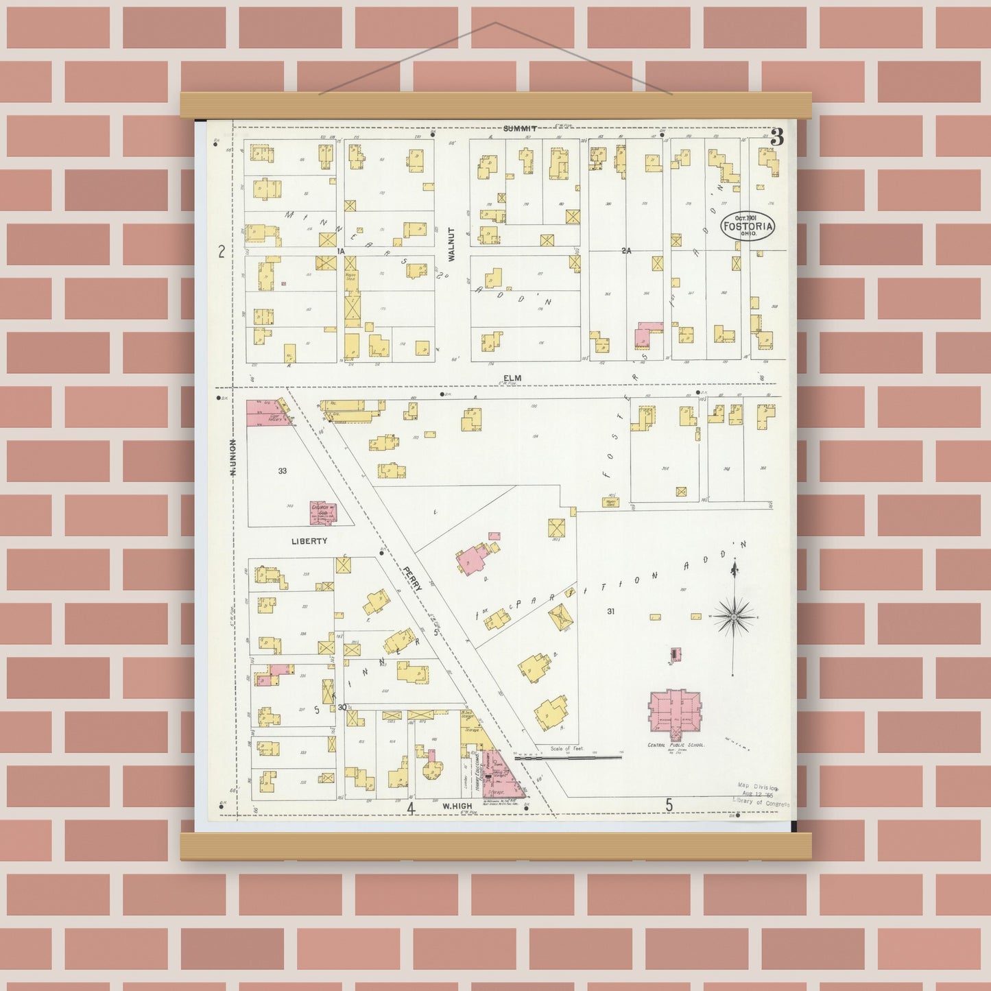 Old map wall art mockup — magnetic wood frame on brick wall — Sanborn Fire Insurance Map from Fostoria, Seneca, Hancock, And Wood Counties, Ohio (1901), Sheet #0003
