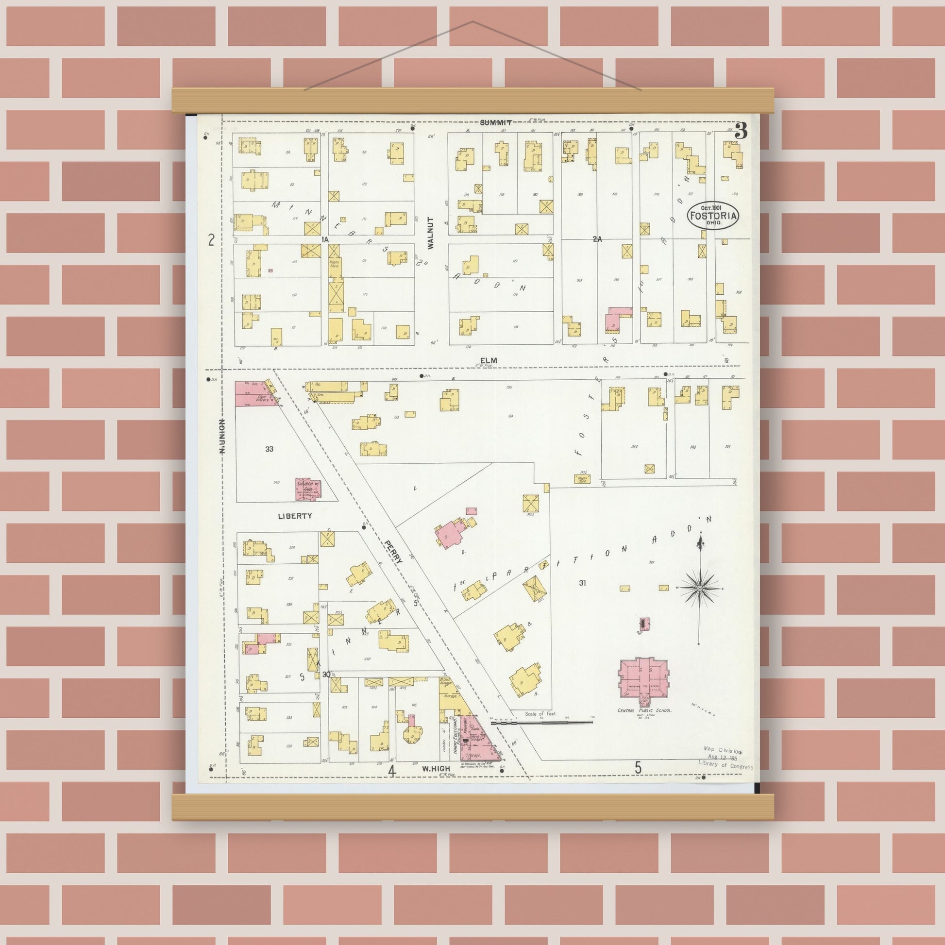 Old map wall art mockup — magnetic wood frame on brick wall — Sanborn Fire Insurance Map from Fostoria, Seneca, Hancock, And Wood Counties, Ohio (1901), Sheet #0003