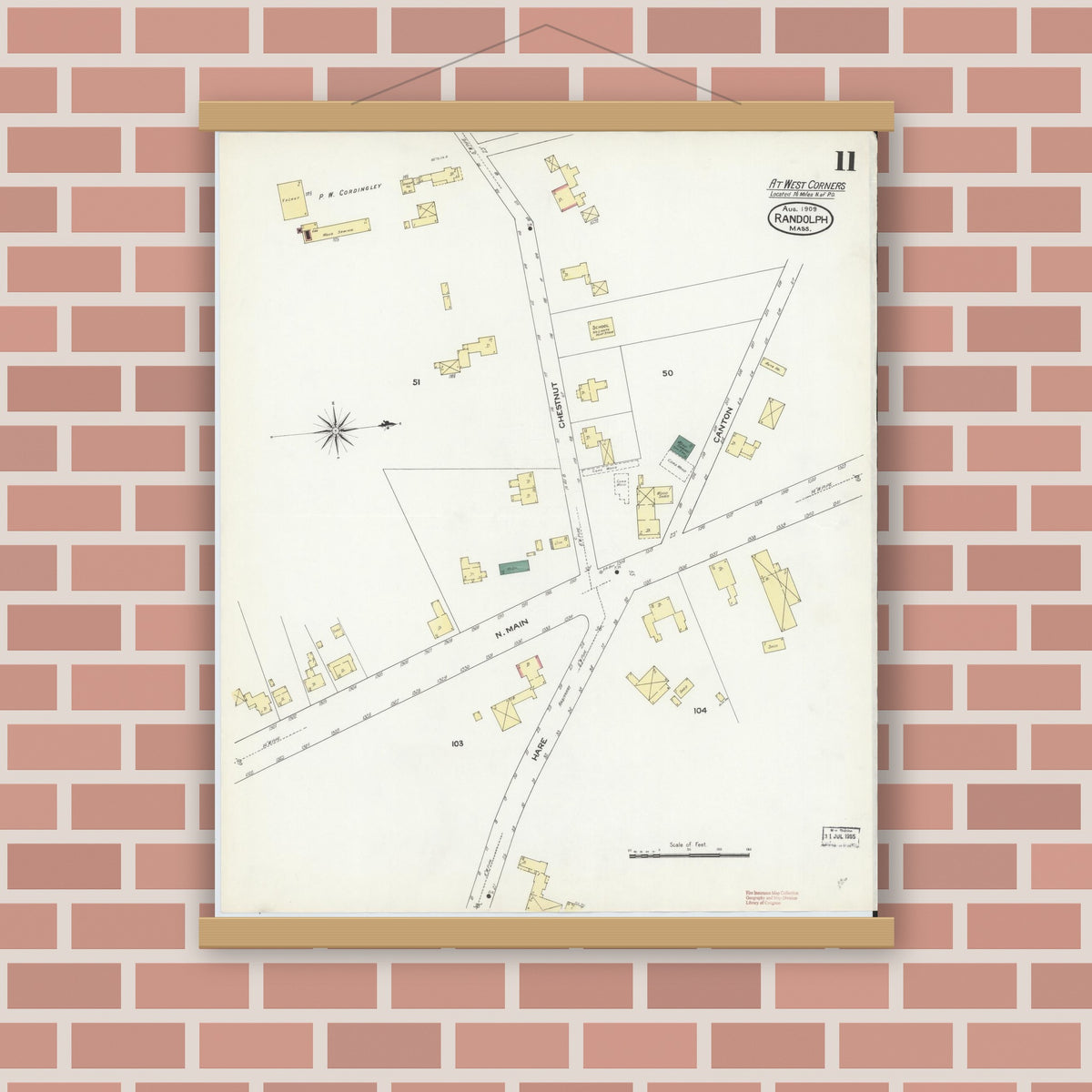 Old map wall art mockup — magnetic wood frame on brick wall — Sanborn Fire Insurance Map from Randolph, Norfolk County, Massachusetts (1909), Sheet #0011