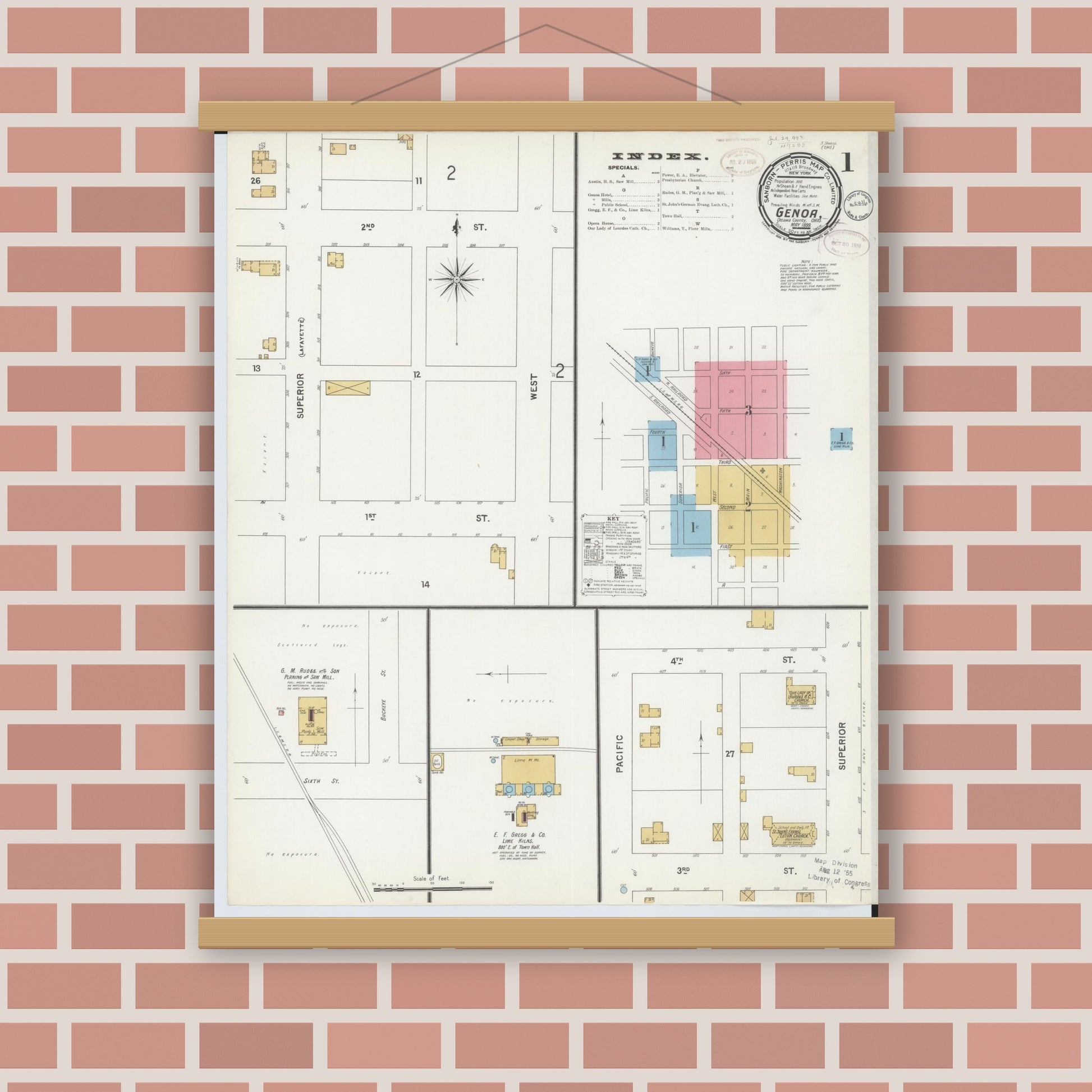 Old map wall art mockup — magnetic wood frame on brick wall — Sanborn Fire Insurance Map from Genoa, Ottawa County, Ohio (1899) - Complete Map Set