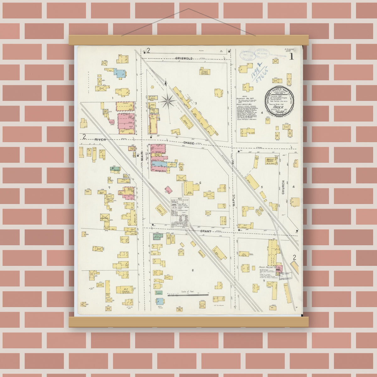 Old map wall art mockup — magnetic wood frame on brick wall — Sanborn Fire Insurance Map from Avoca, Steuben County, New York (1898), Sheet #0001