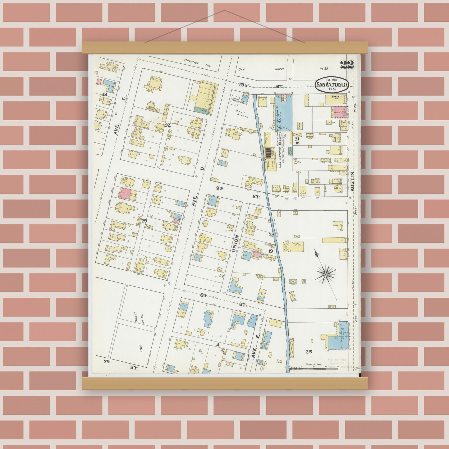 Old map wall art mockup — magnetic wood frame on brick wall — Sanborn Fire Insurance Map from San Antonio, Bexar County, Texas (1892), Sheet #0022