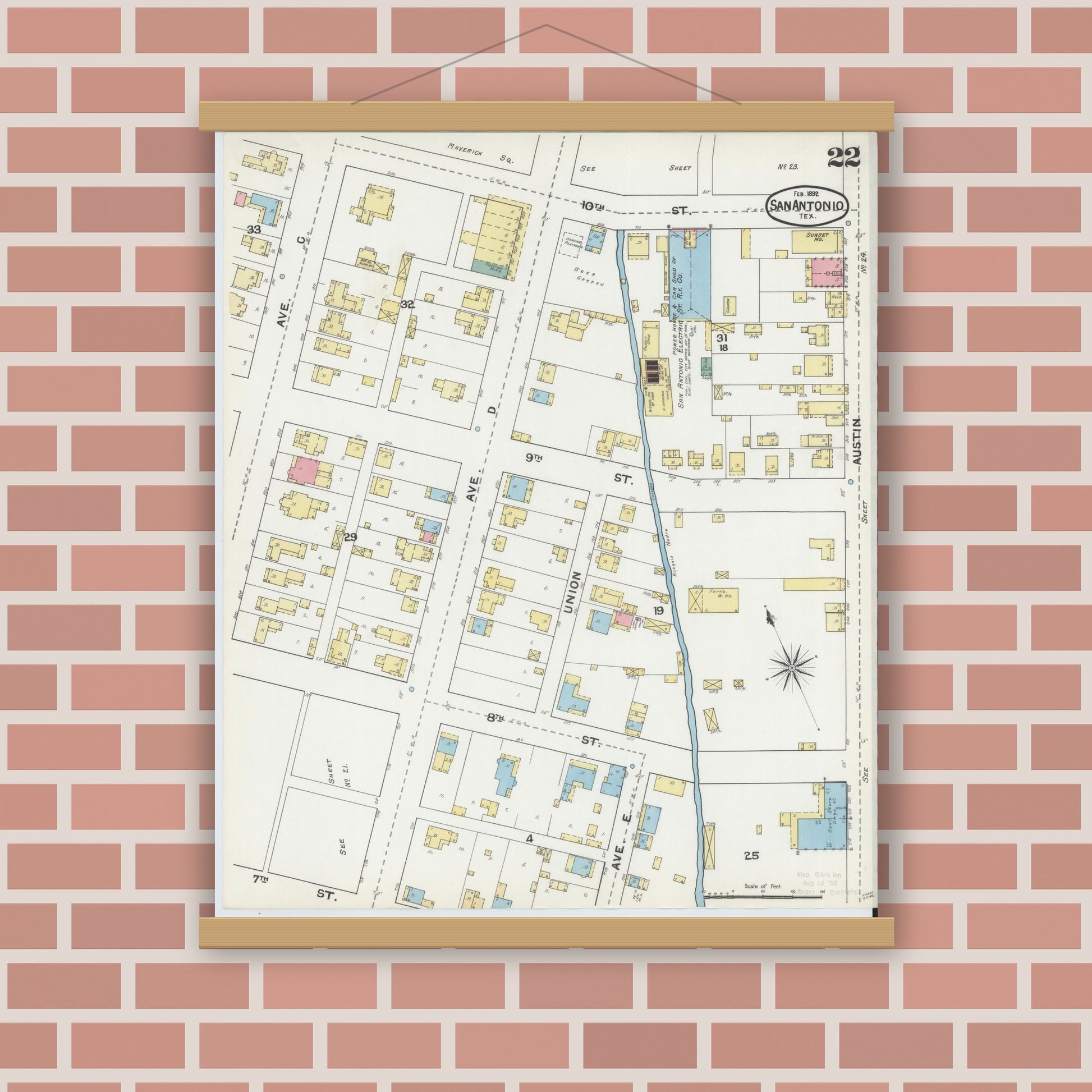 Old map wall art mockup — magnetic wood frame on brick wall — Sanborn Fire Insurance Map from San Antonio, Bexar County, Texas (1892), Sheet #0022