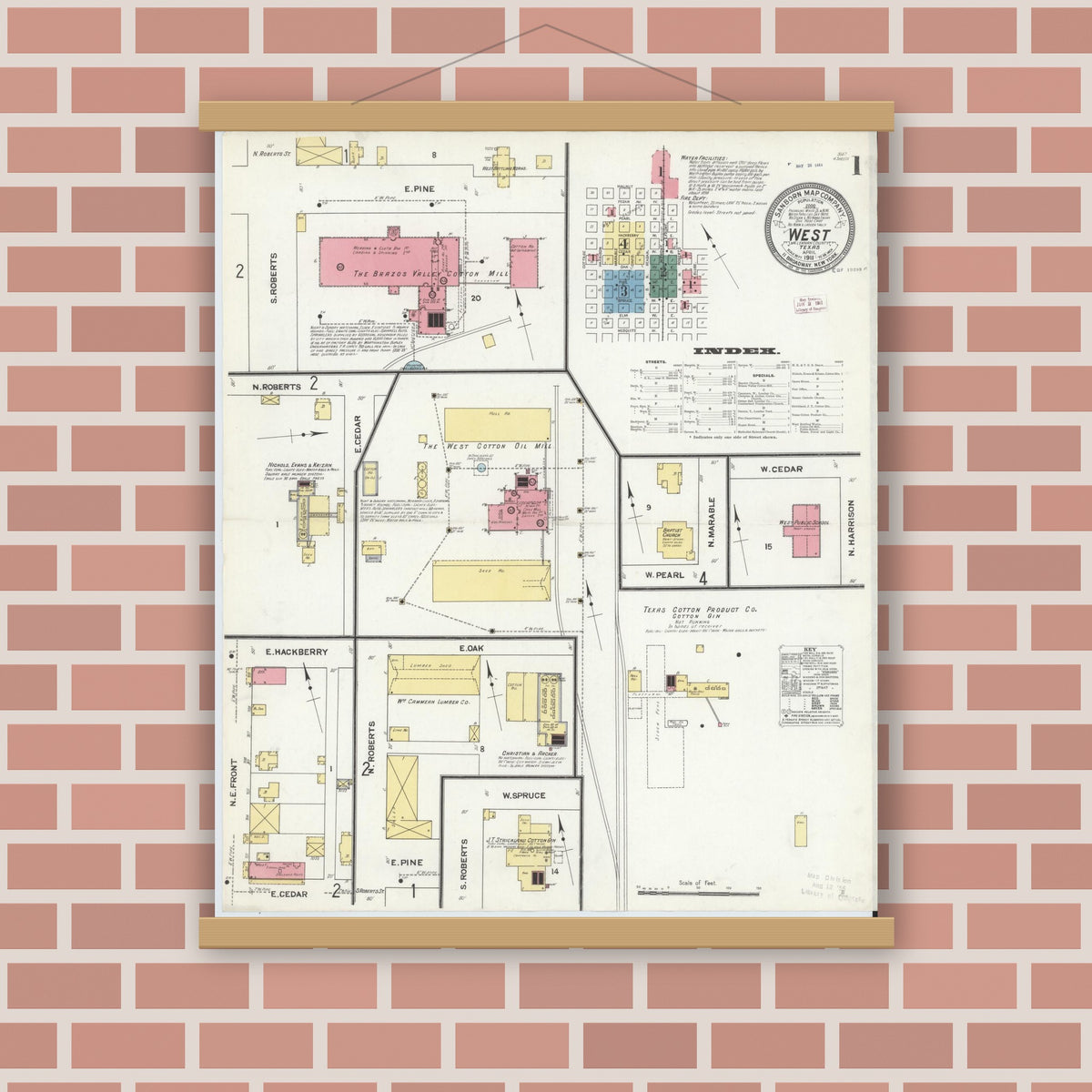 Old map wall art mockup — magnetic wood frame on brick wall — Sanborn Fire Insurance Map from West, McLennan County, Texas (1911), Sheet #0001