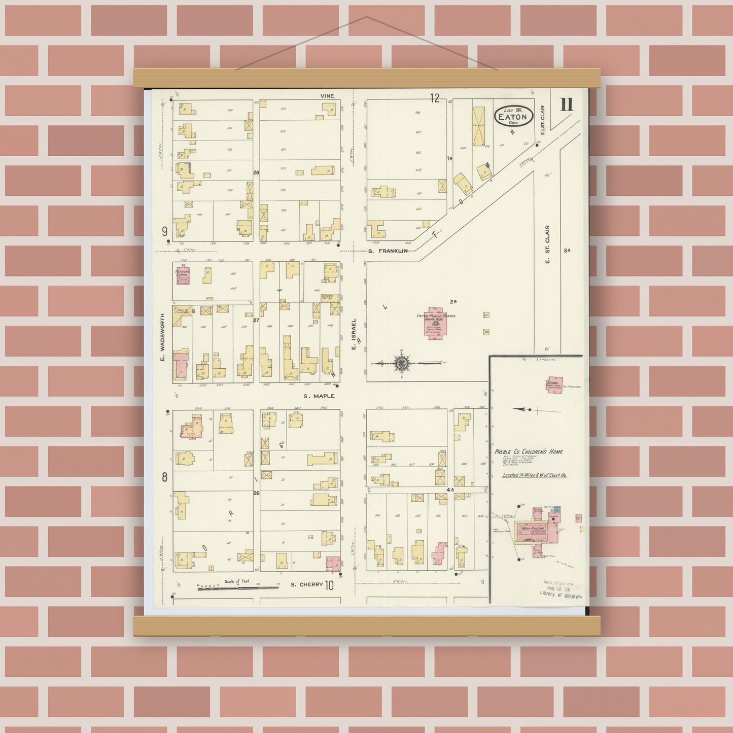 Old map wall art mockup — magnetic wood frame on brick wall — Sanborn Fire Insurance Map from Eaton, Preble County, Ohio (1911), Sheet #0011