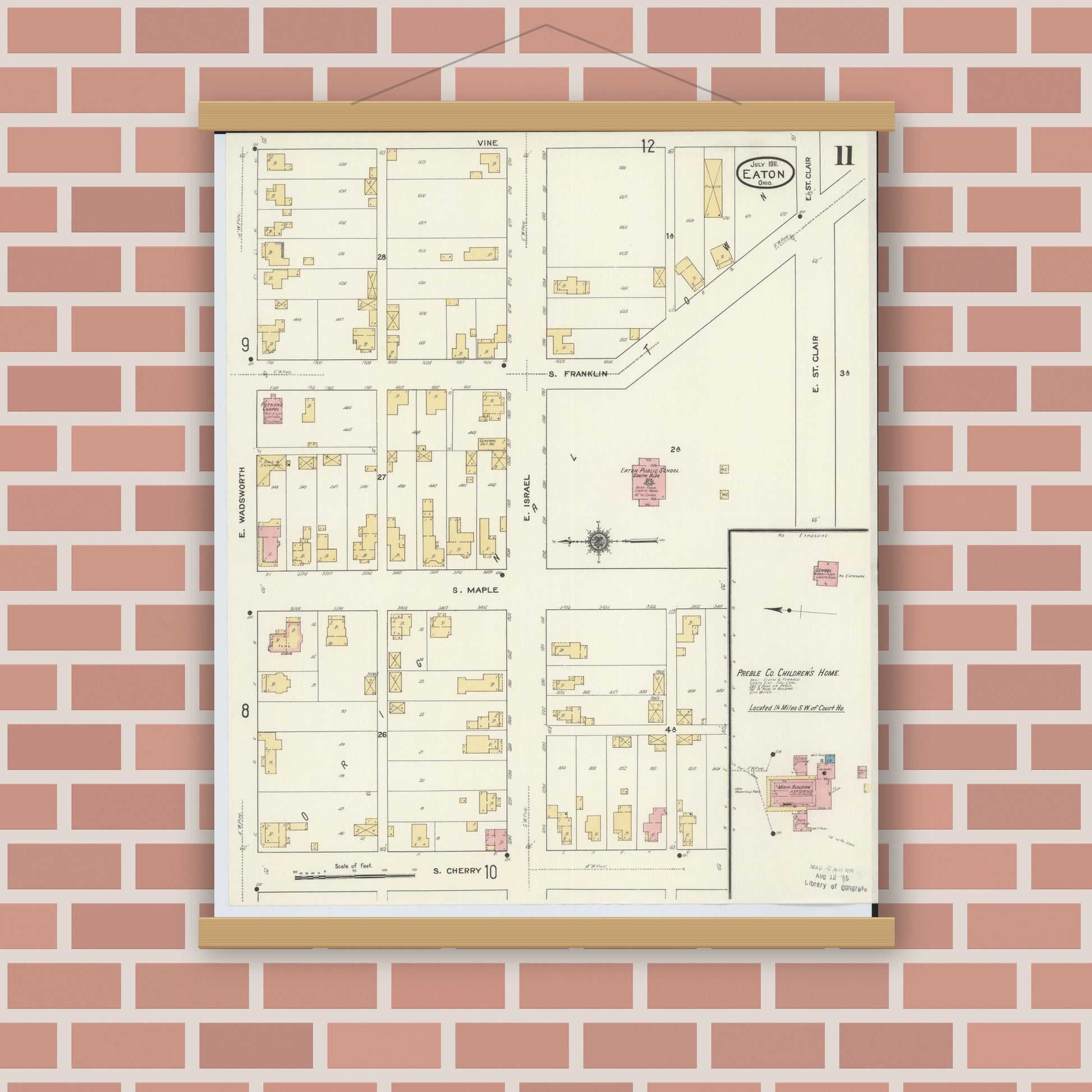 Old map wall art mockup — magnetic wood frame on brick wall — Sanborn Fire Insurance Map from Eaton, Preble County, Ohio (1911), Sheet #0011