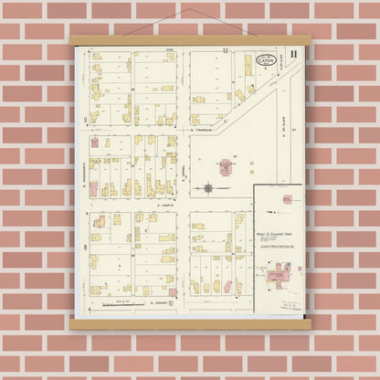 Old map wall art mockup — magnetic wood frame on brick wall — Sanborn Fire Insurance Map from Eaton, Preble County, Ohio (1911), Sheet #0011