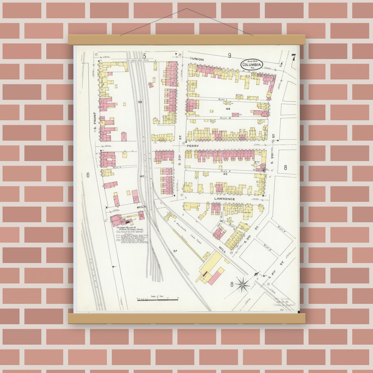 Old map wall art mockup — magnetic wood frame on brick wall — Sanborn Fire Insurance Map from Columbia, Lancaster County, Pennsylvania (1909), Sheet #0007