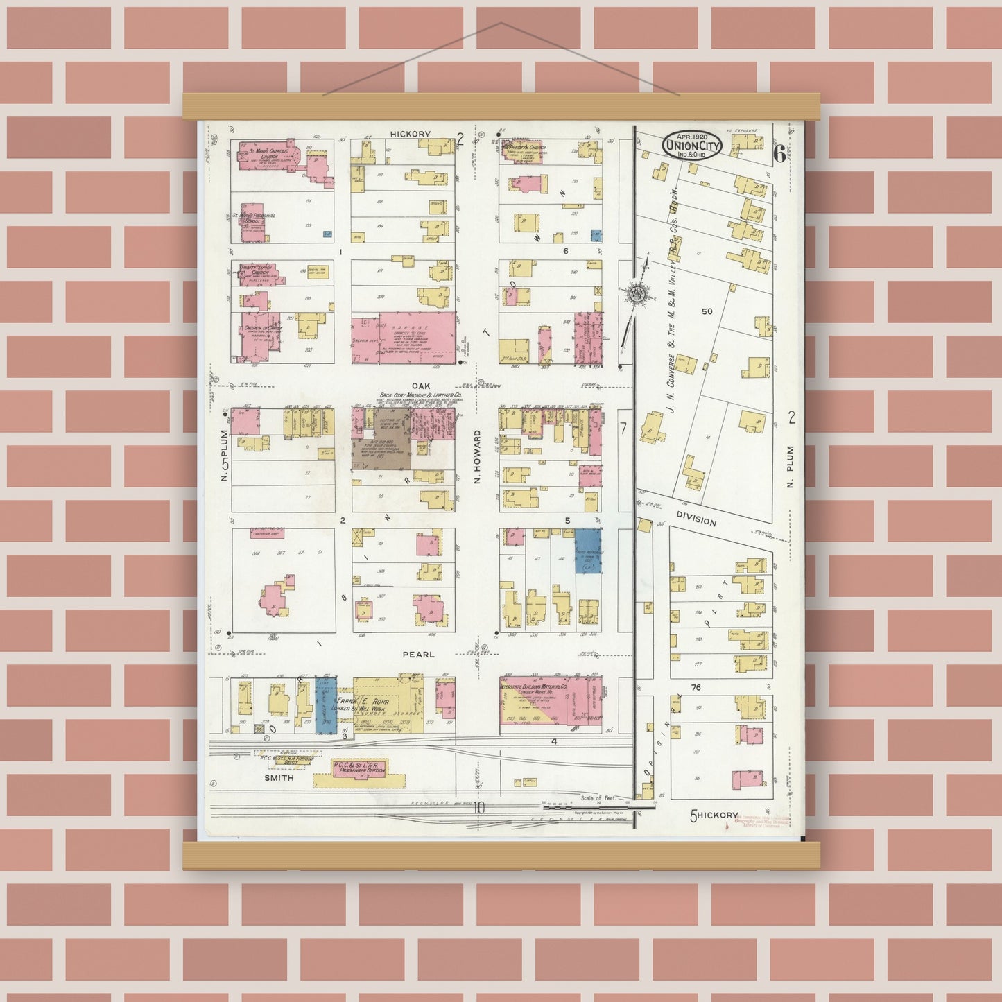 Old map wall art mockup — magnetic wood frame on brick wall — Sanborn Fire Insurance Map from Union City, Randolph County, Indiana (1920), Sheet #0006