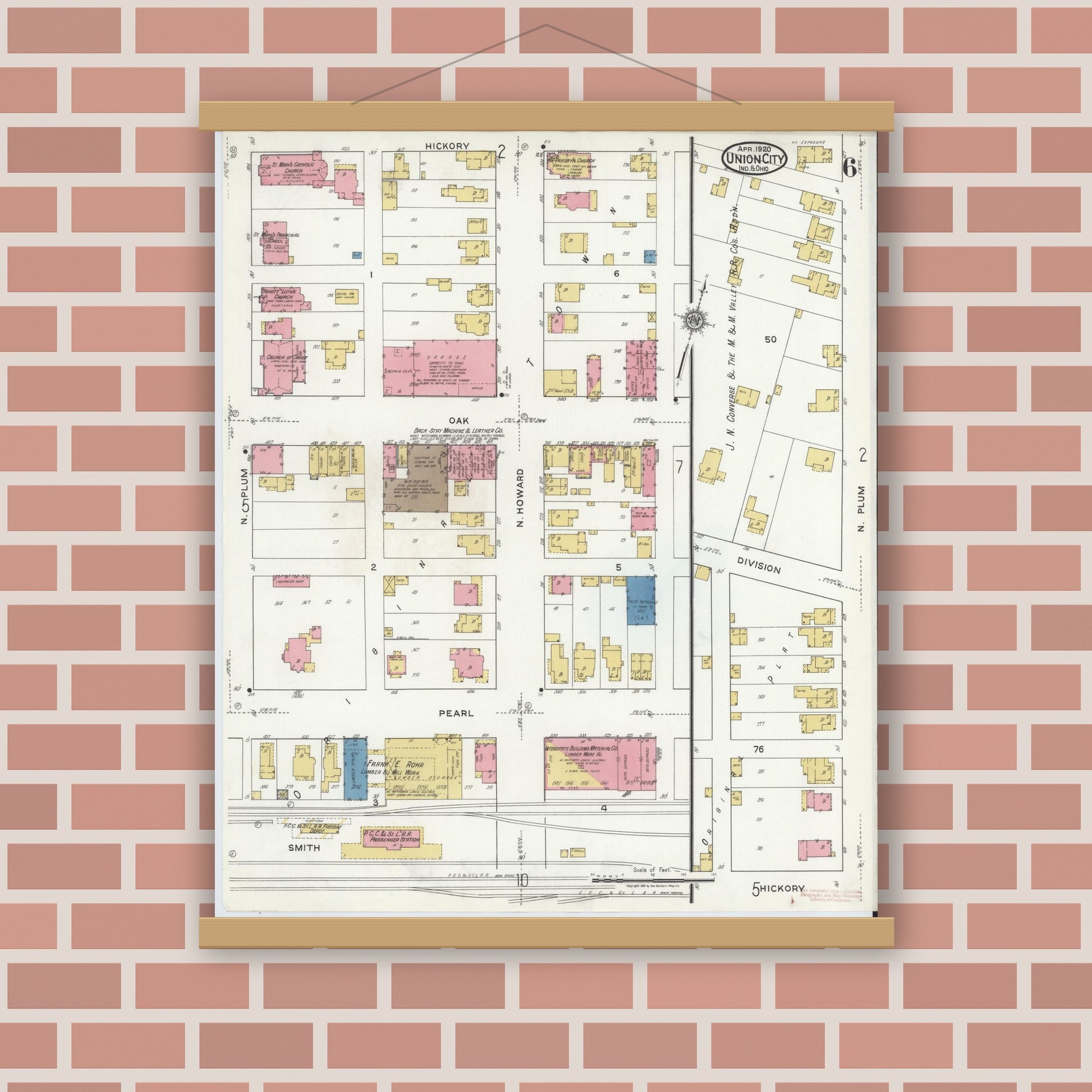 Old map wall art mockup — magnetic wood frame on brick wall — Sanborn Fire Insurance Map from Union City, Randolph County, Indiana (1920), Sheet #0006