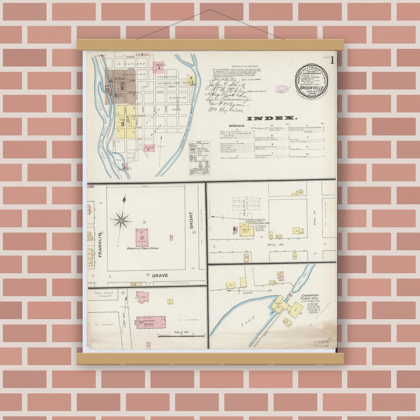 Old map wall art mockup — magnetic wood frame on brick wall — Sanborn Fire Insurance Map from Brookville, Franklin County, Indiana (1887) - Complete Map Set