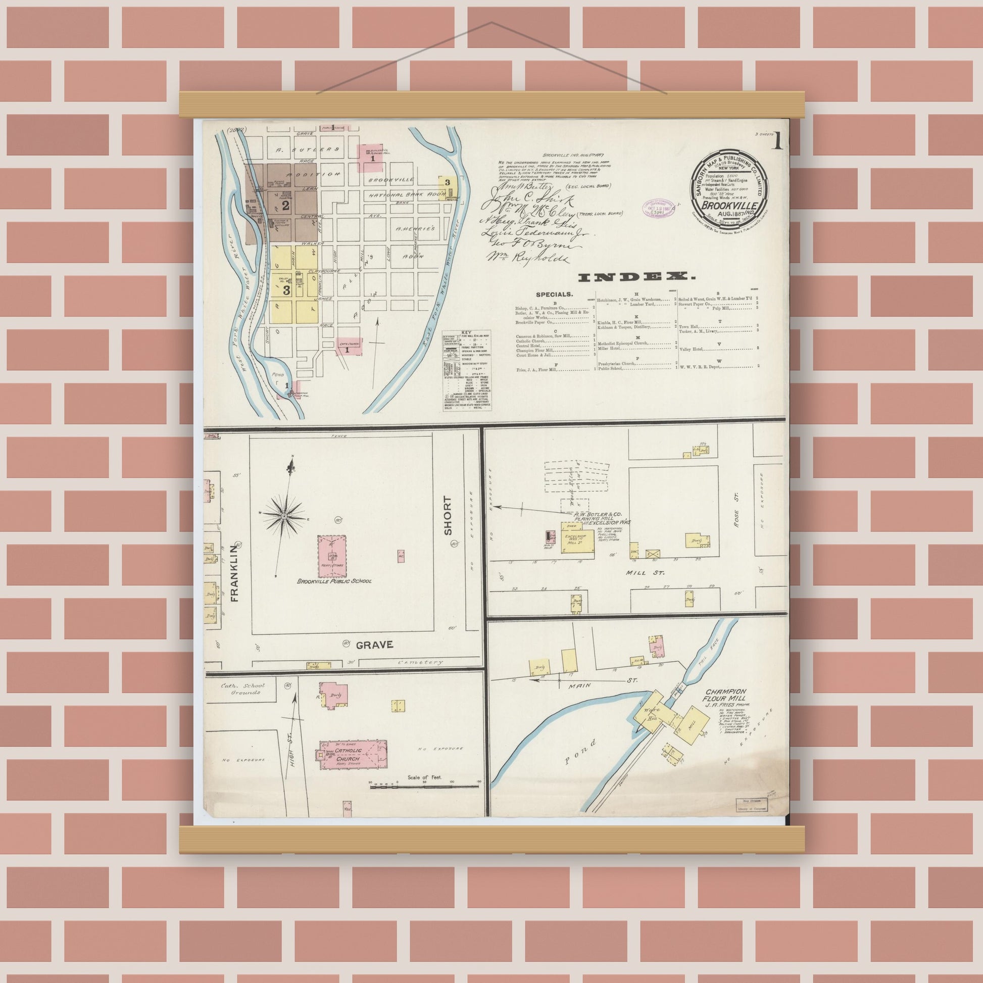 Old map wall art mockup — magnetic wood frame on brick wall — Sanborn Fire Insurance Map from Brookville, Franklin County, Indiana (1887) - Complete Map Set