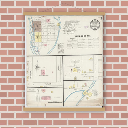 Old map wall art mockup — magnetic wood frame on brick wall — Sanborn Fire Insurance Map from Brookville, Franklin County, Indiana (1887) - Complete Map Set