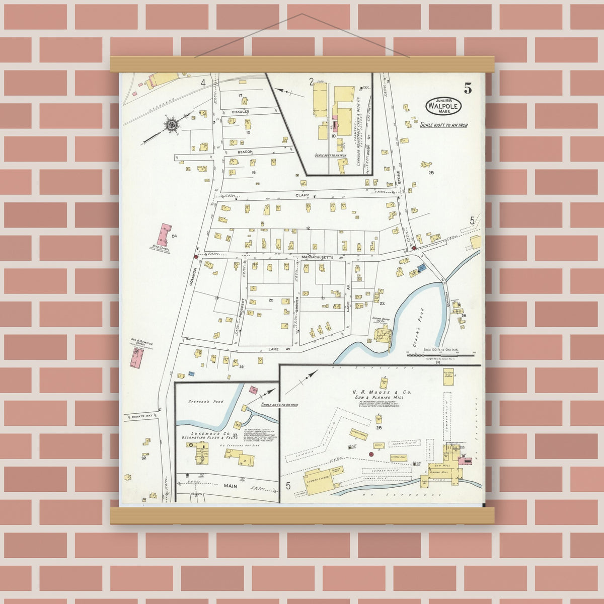 Old map wall art mockup — magnetic wood frame on brick wall — Sanborn Fire Insurance Map from Walpole, Norfolk County, Massachusetts (1918), Sheet #0005