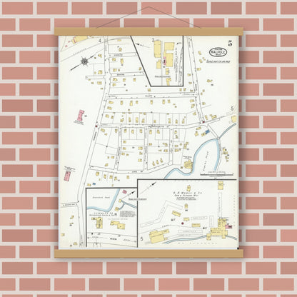 Old map wall art mockup — magnetic wood frame on brick wall — Sanborn Fire Insurance Map from Walpole, Norfolk County, Massachusetts (1918), Sheet #0005