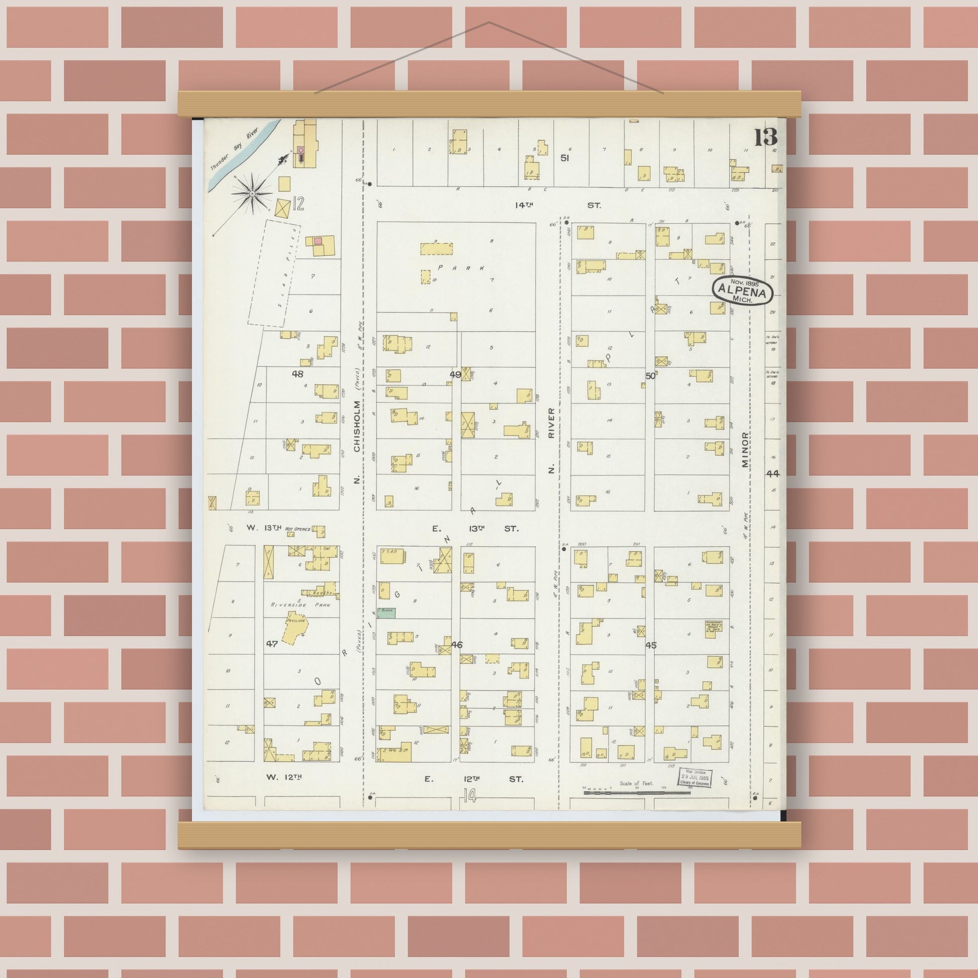 Old map wall art mockup — magnetic wood frame on brick wall — Sanborn Fire Insurance Map from Alpena, Alpena County, Michigan (1895), Sheet #0013