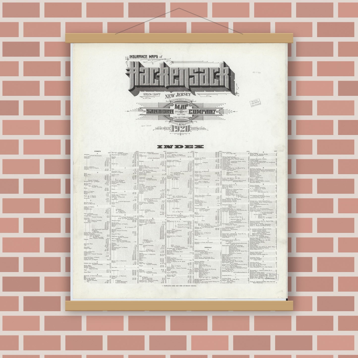 Old map wall art mockup — magnetic wood frame on brick wall — Sanborn Fire Insurance Map from Hackensack, Bergen County, New Jersey (1920), Sheet #0001