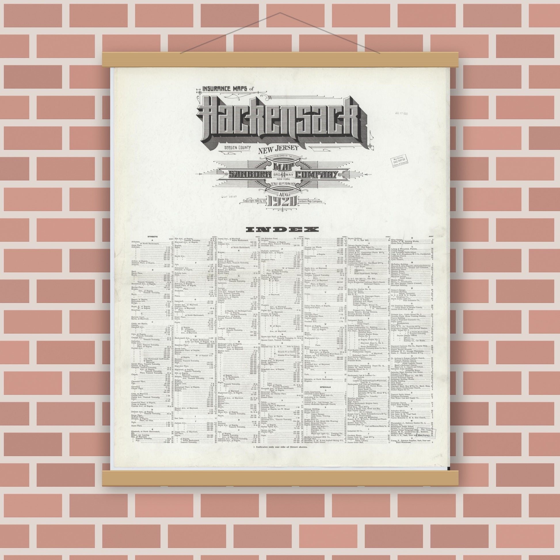 Old map wall art mockup — magnetic wood frame on brick wall — Sanborn Fire Insurance Map from Hackensack, Bergen County, New Jersey (1920), Sheet #0001