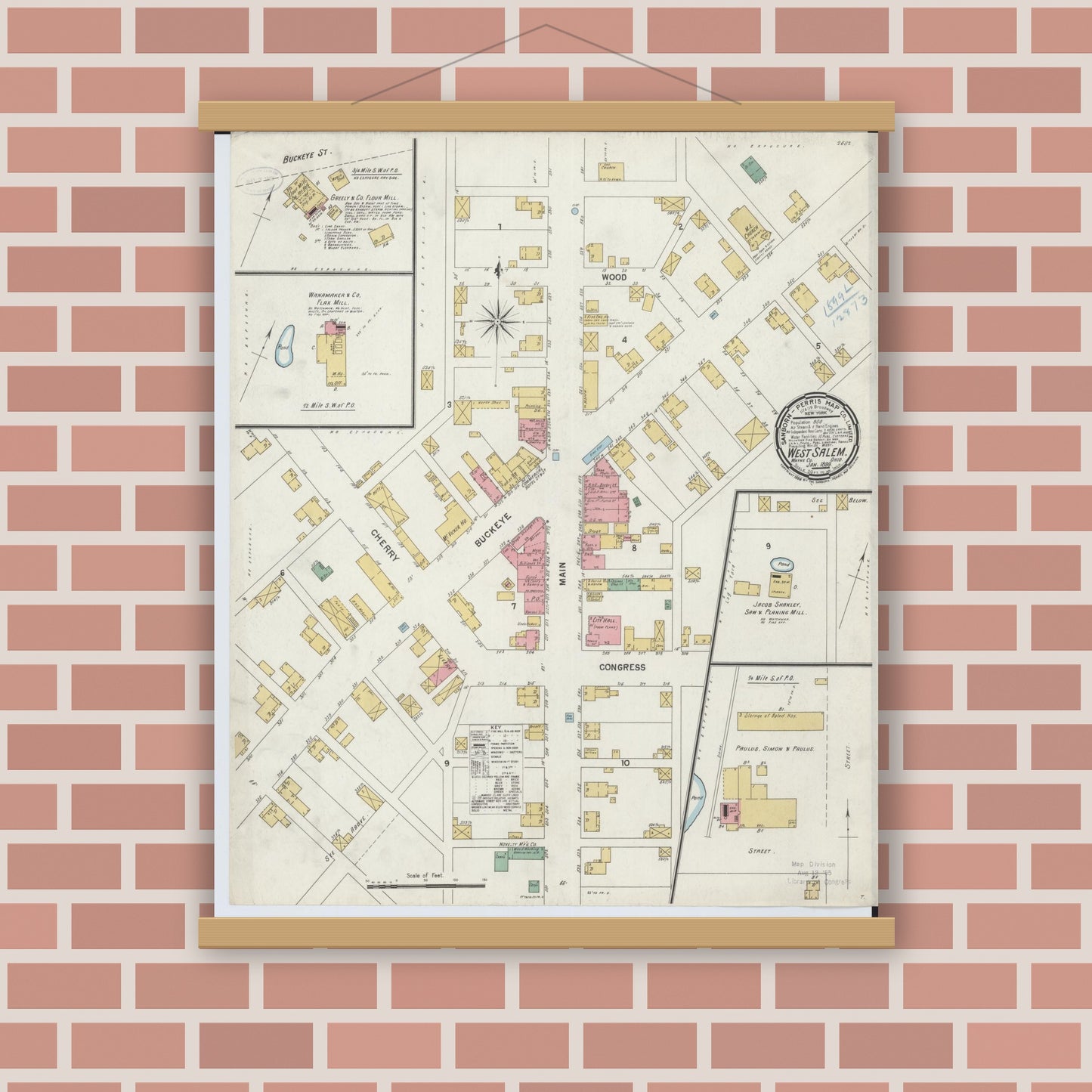 Old map wall art mockup — magnetic wood frame on brick wall — Sanborn Fire Insurance Map from West Salem, Wayne County, Ohio (1899), Sheet #0001